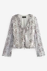 White Snake Print Long Sleeve Ruffle Front Mesh Top - Image 5 of 6