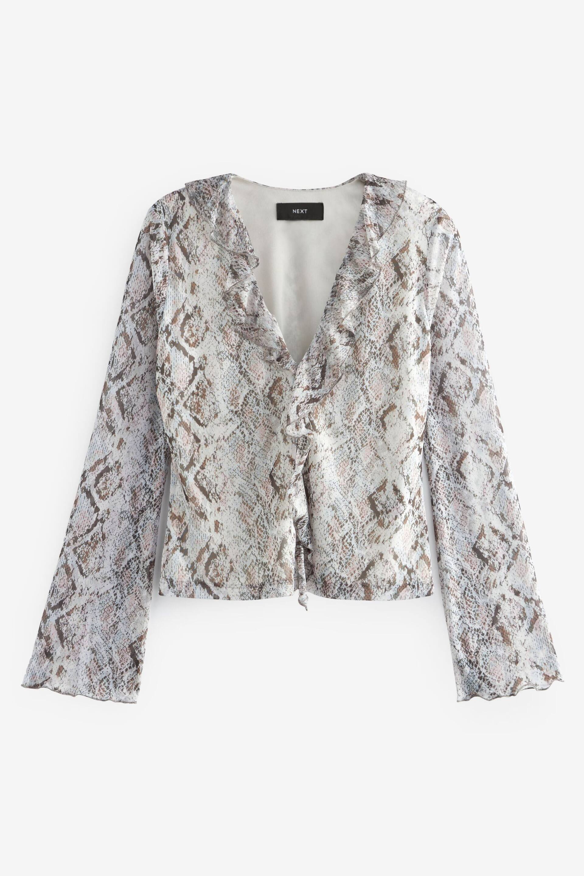 White Snake Print Long Sleeve Ruffle Front Mesh Top - Image 5 of 6