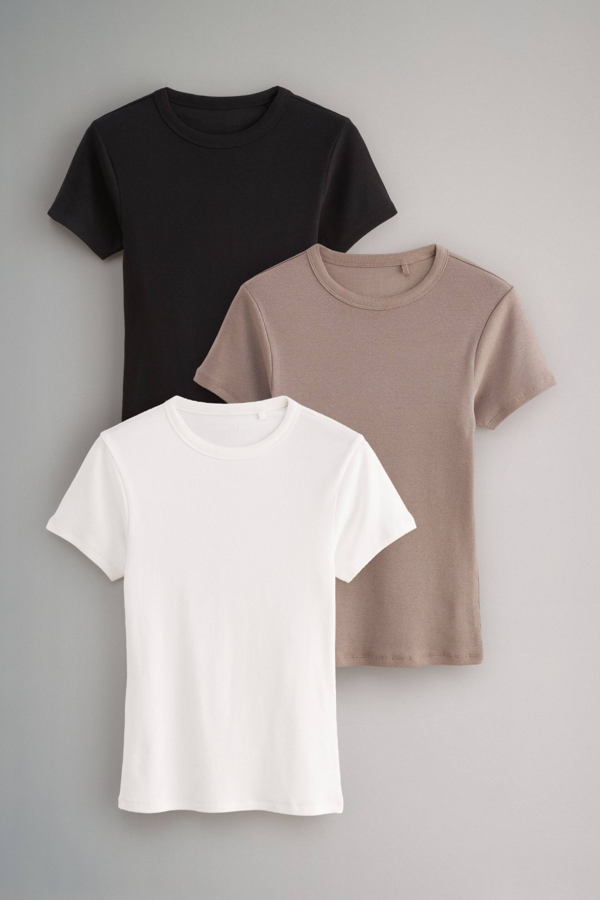 The Set Black/Taupe Brown/White 3 Pack Ribbed Short Sleeve T-Shirts - Image 2 of 8