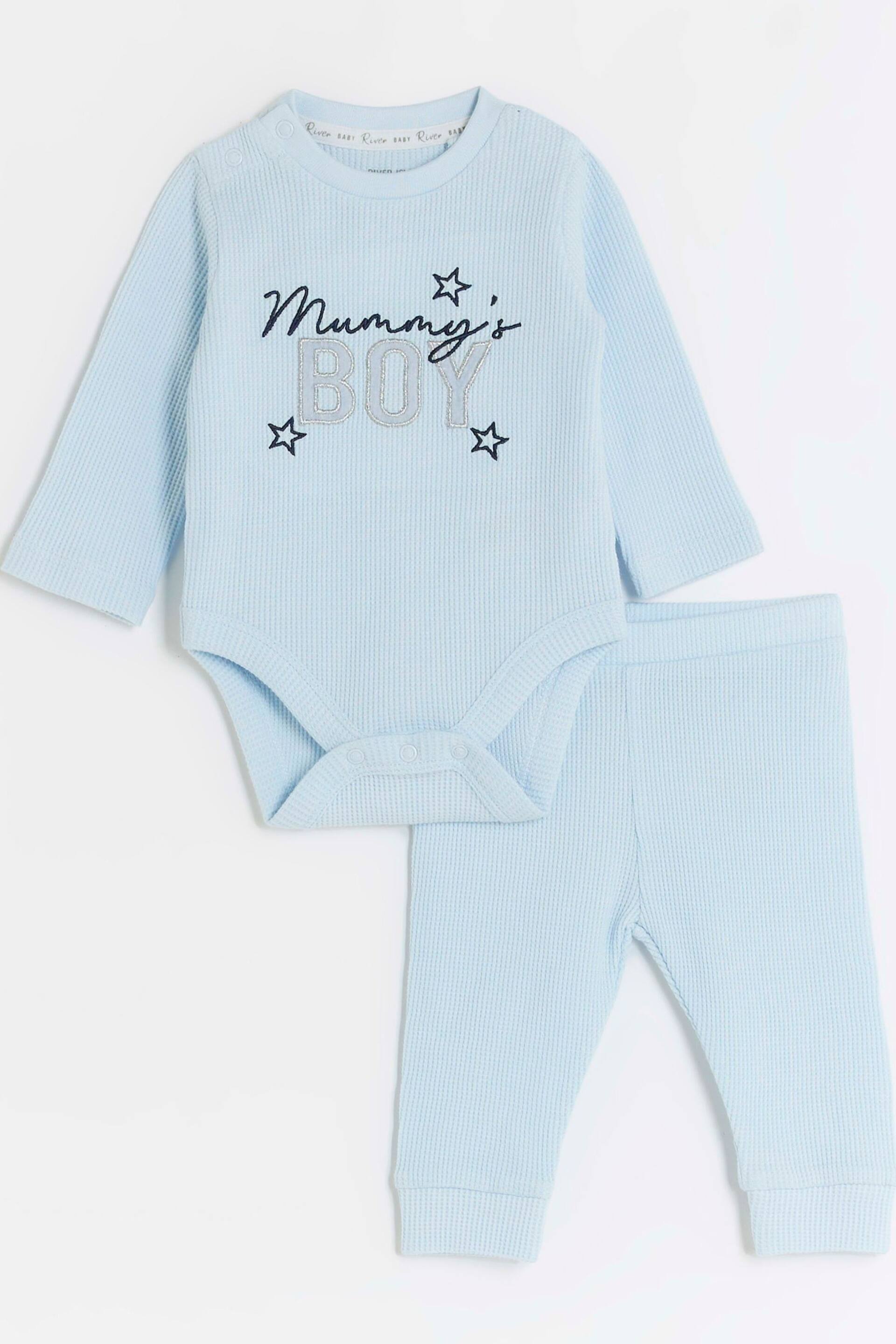 River Island Blue Baby Boys Waffle Bodysuit and Leggings Set - Image 1 of 5