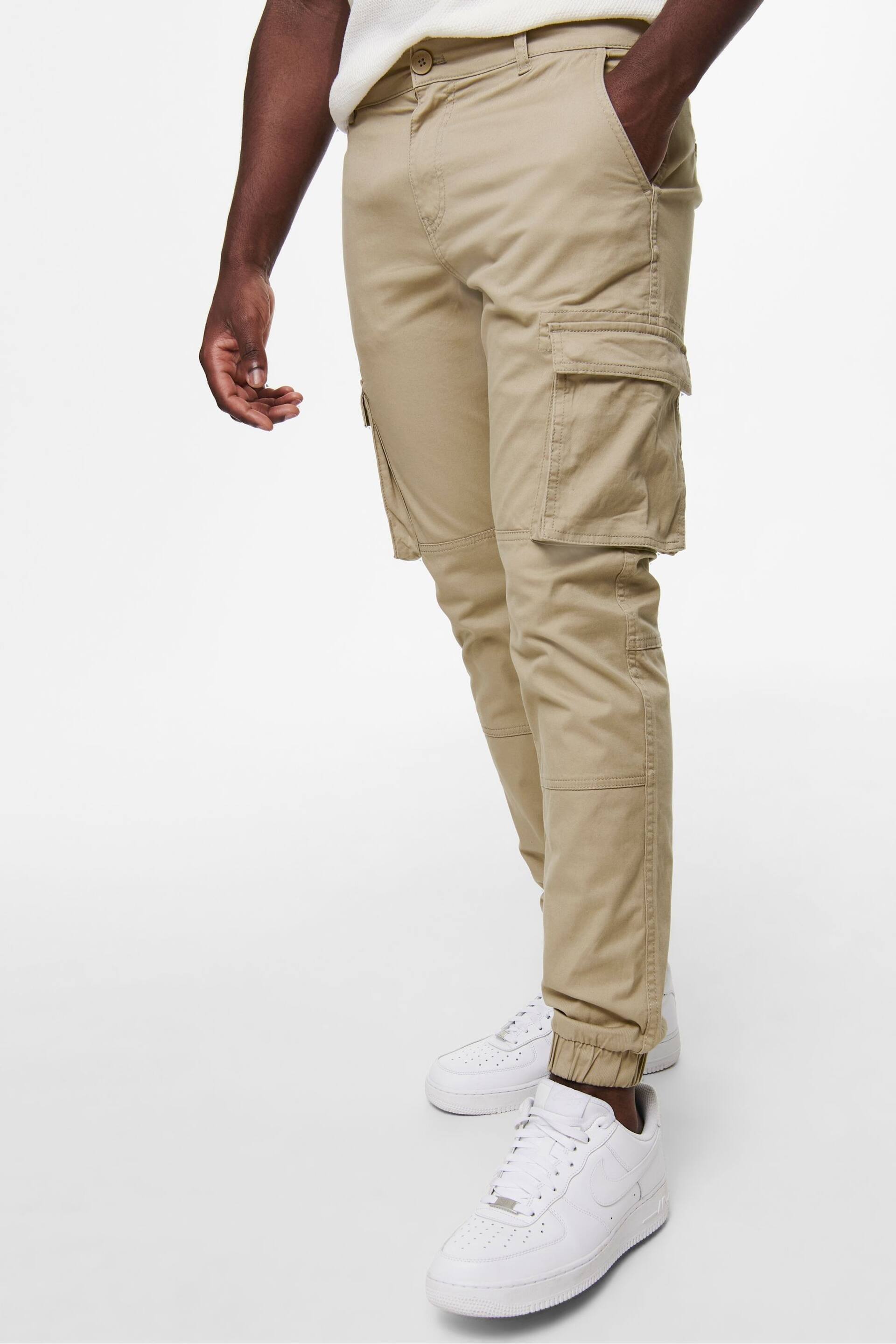 Only & Sons Cream Cargo Detail Trousers with Cuffed Ankle - Image 2 of 5