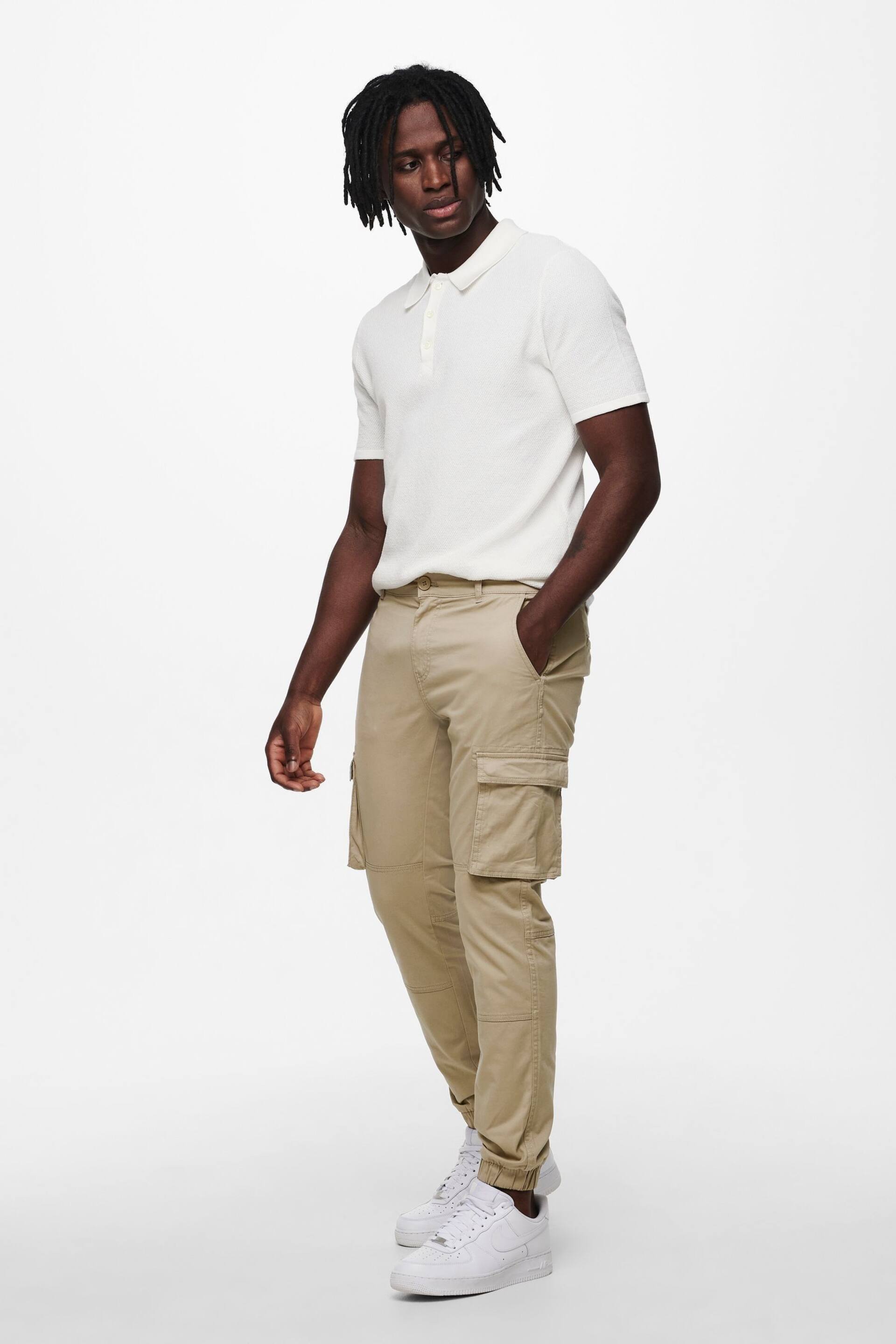 Only & Sons Cream Cargo Detail Trousers with Cuffed Ankle - Image 3 of 5