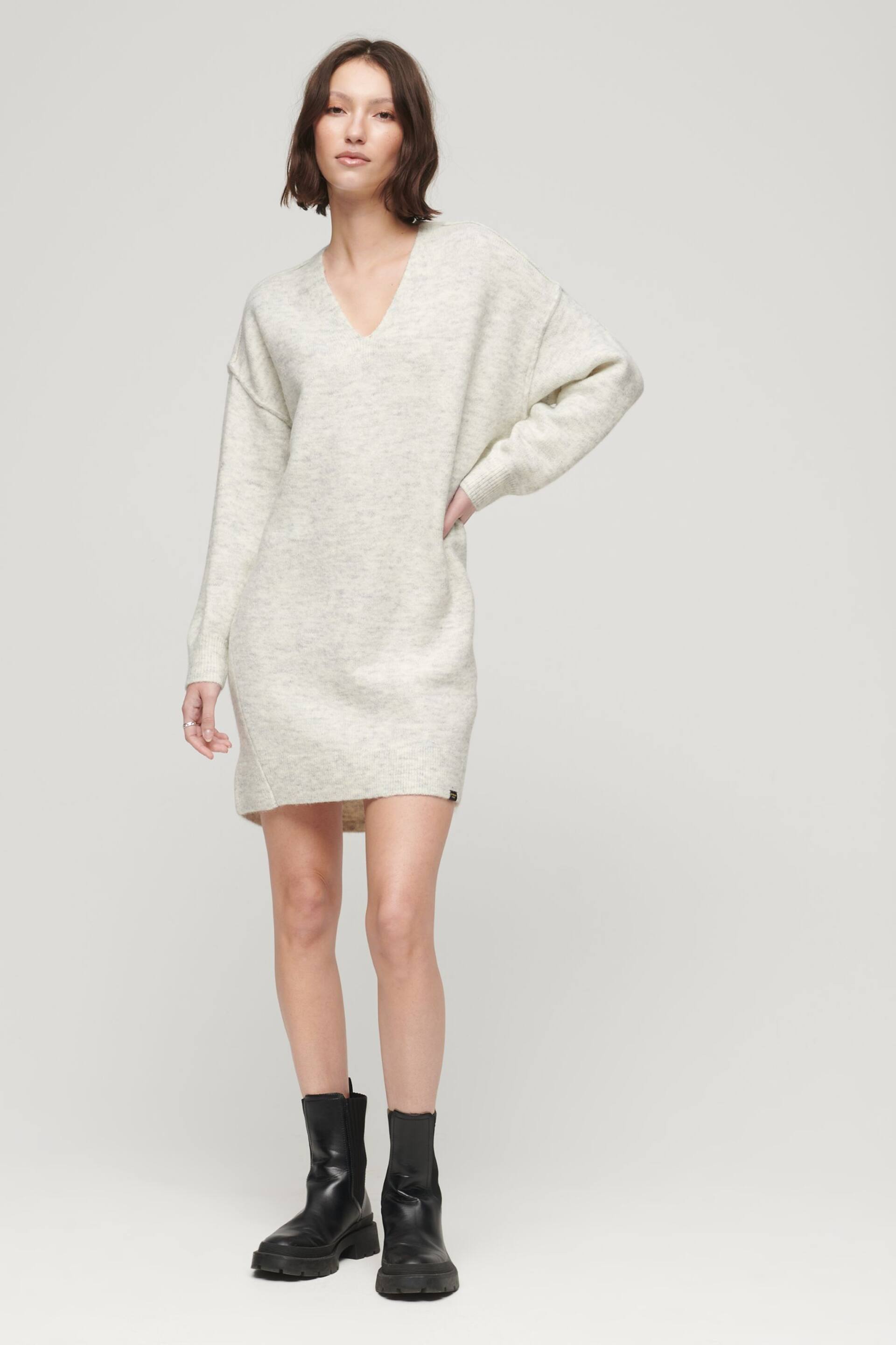 Superdry Grey V-Neck Knit Jumper Dress - Image 3 of 6