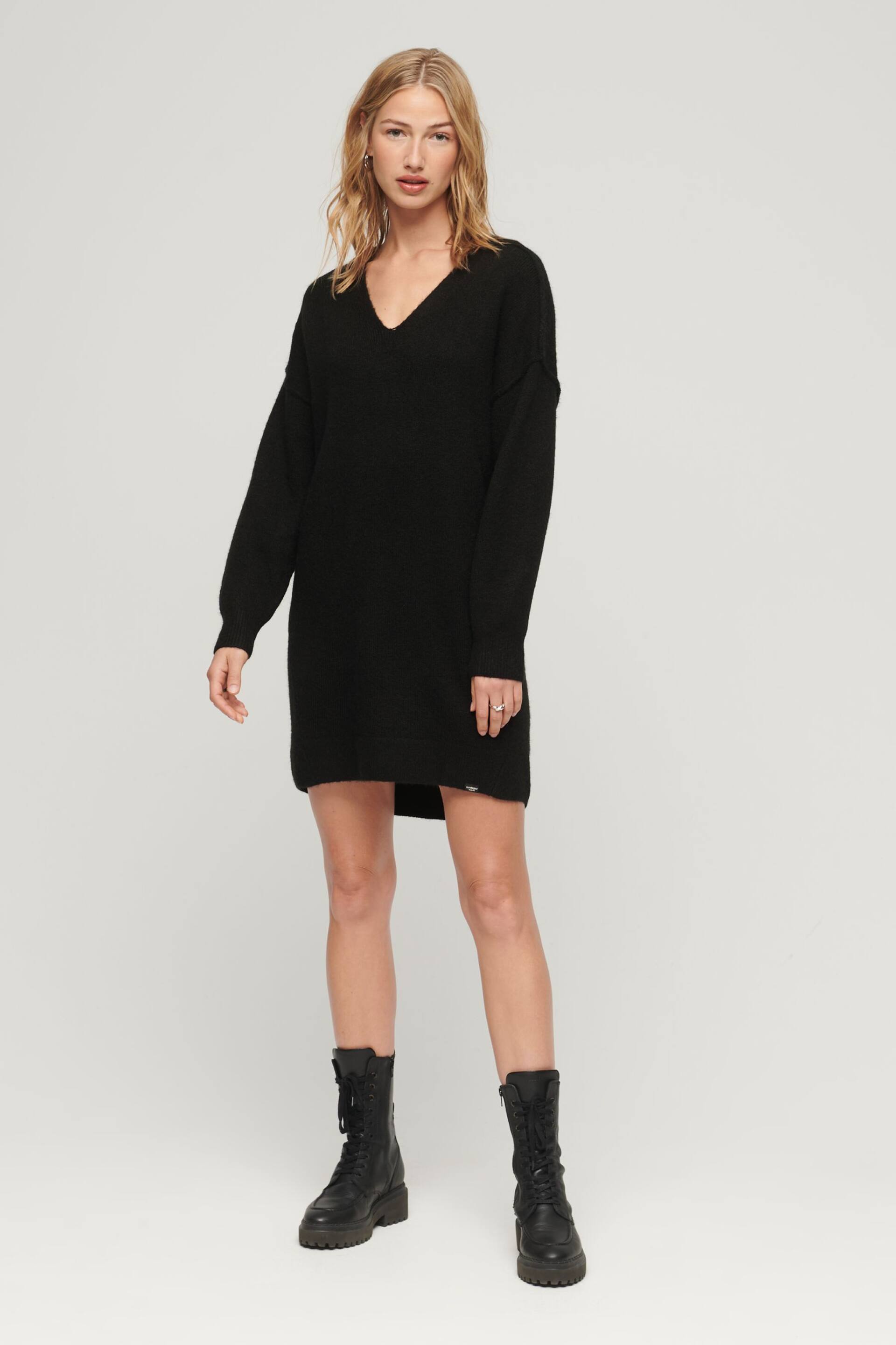 Superdry Black V-Neck Knit Jumper Dress - Image 3 of 6