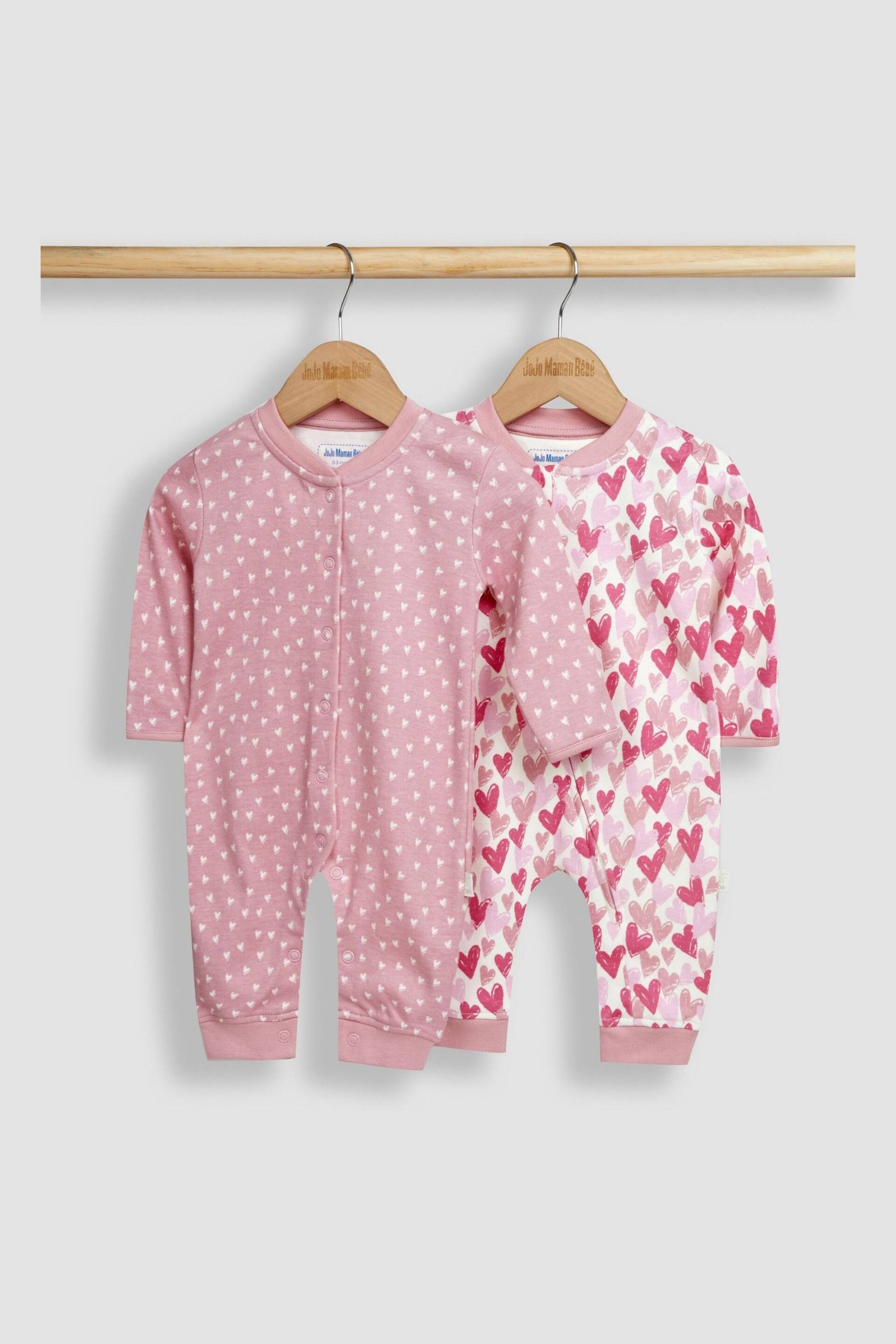 JoJo Maman Bébé Pink Heart 2-Pack Footless Sleepsuits - Image 1 of 5