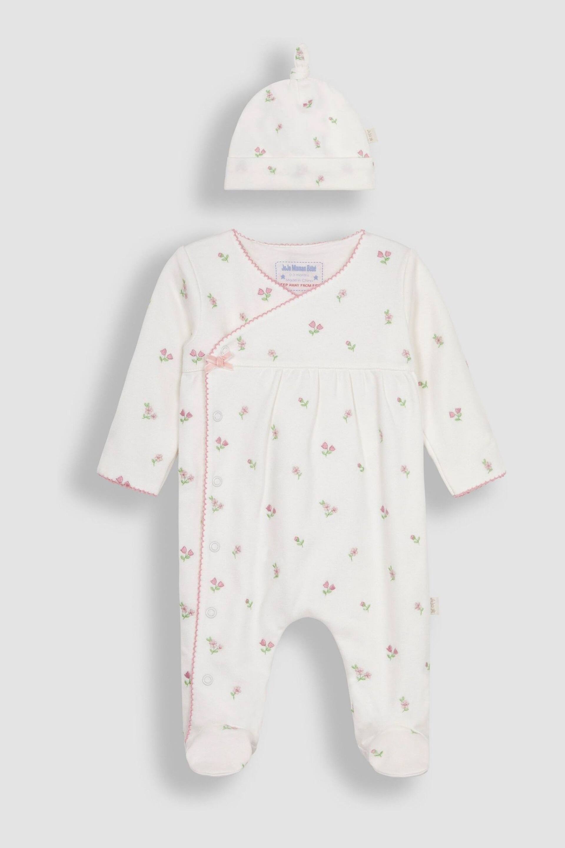 JoJo Maman Bébé Cream Floral Embroidered Pretty Sleepsuit & Hat - Image 1 of 5