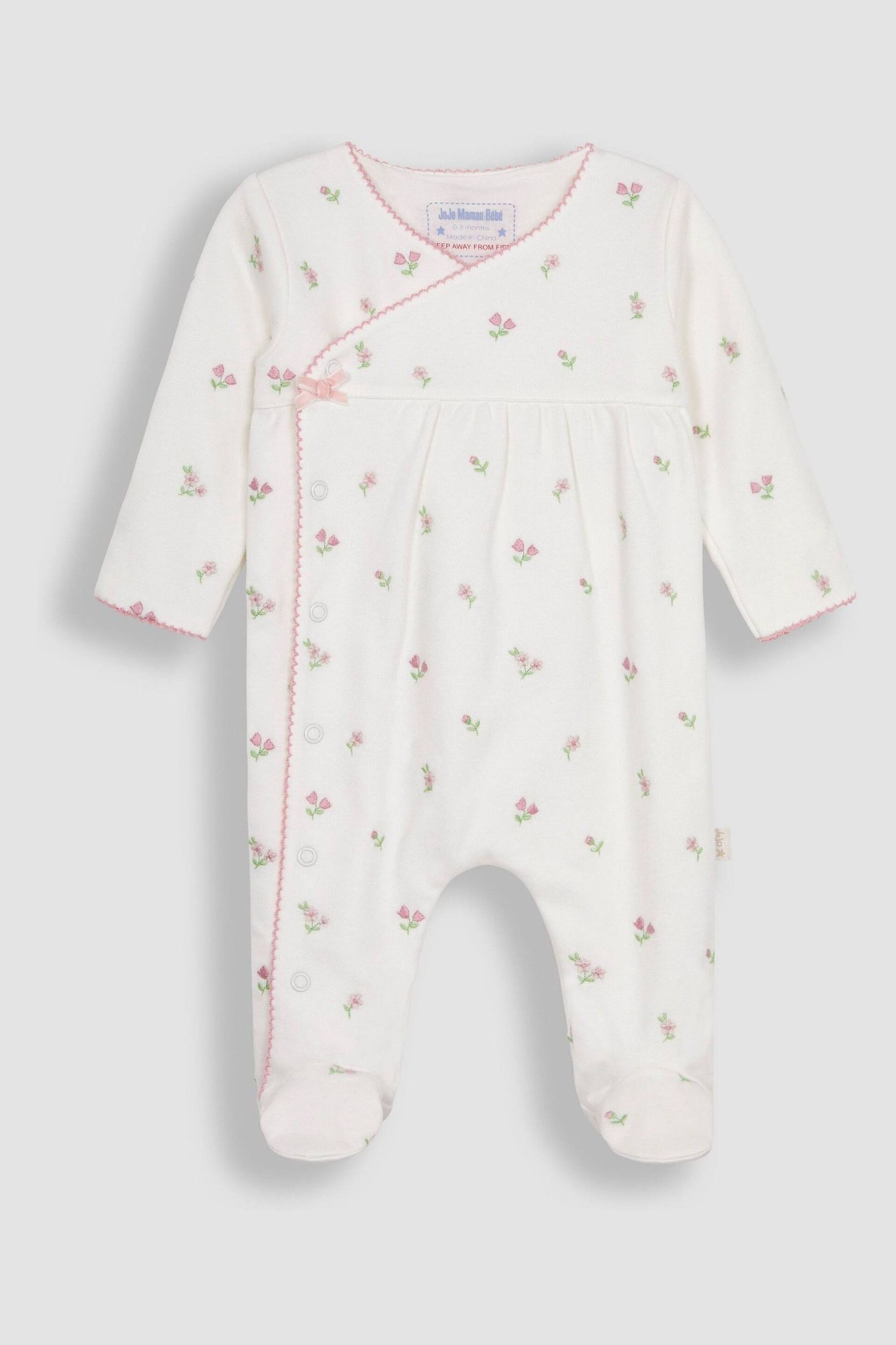 JoJo Maman Bébé Cream Floral Embroidered Pretty Sleepsuit & Hat - Image 2 of 5