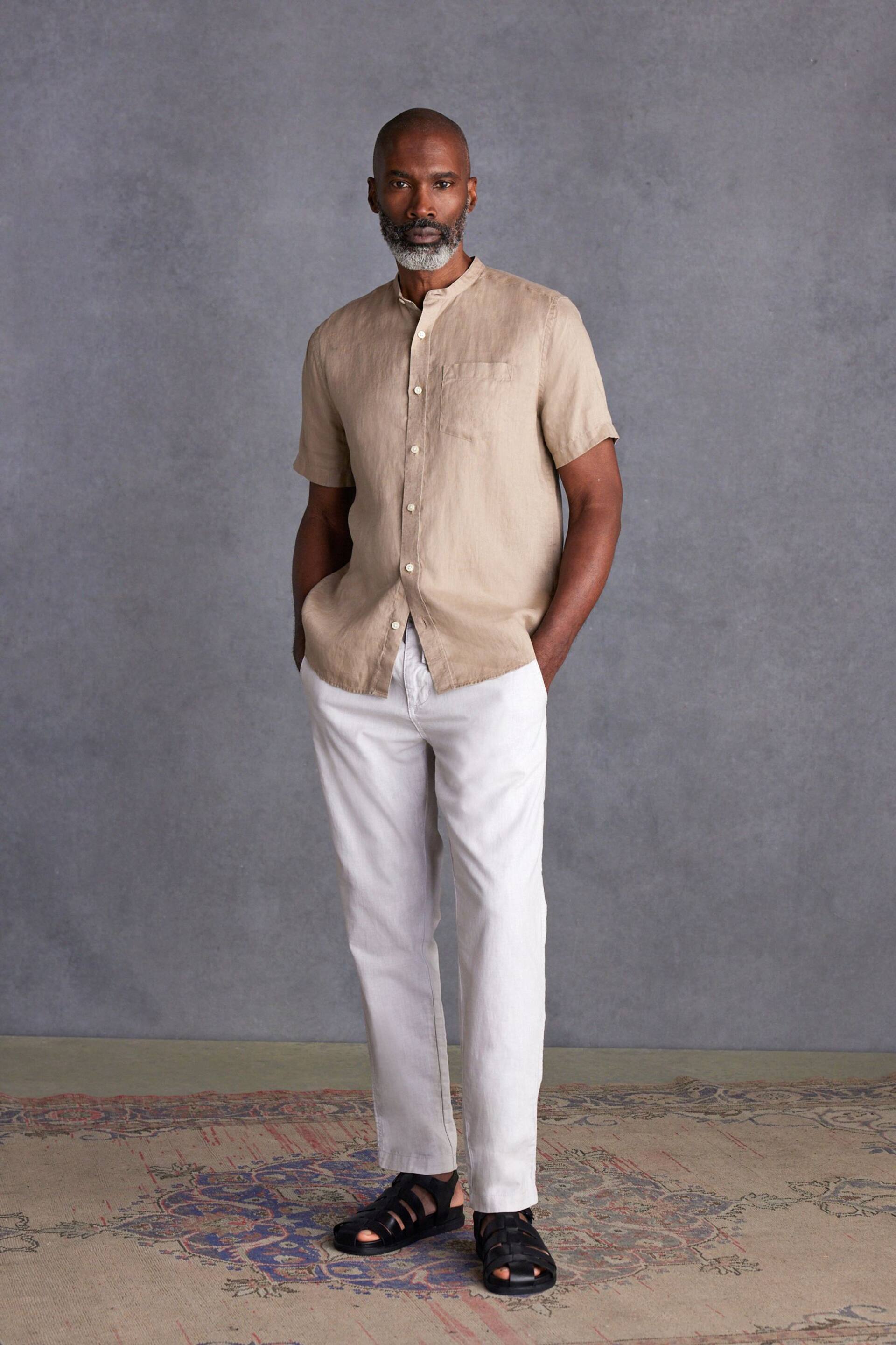 Neutral Grandad Collar Signature 100% Linen Short Sleeve Shirt - Image 2 of 7