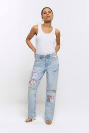 River Island Blue Petite High Rise Straight Leg Non Stretch Patchwork Jeans - Image 1 of 5