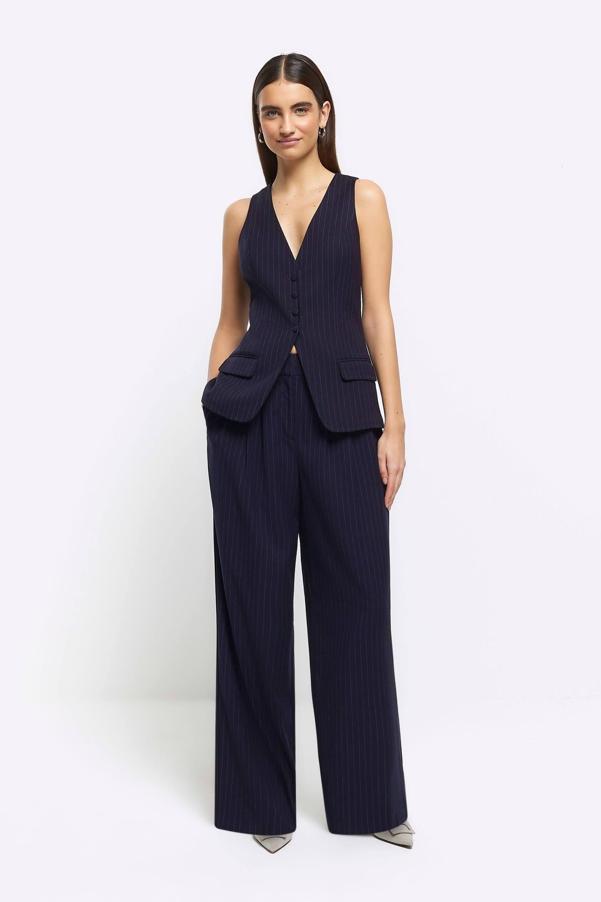 River Island Blue Pinstripe Wide Leg Trousers - Image 1 of 4