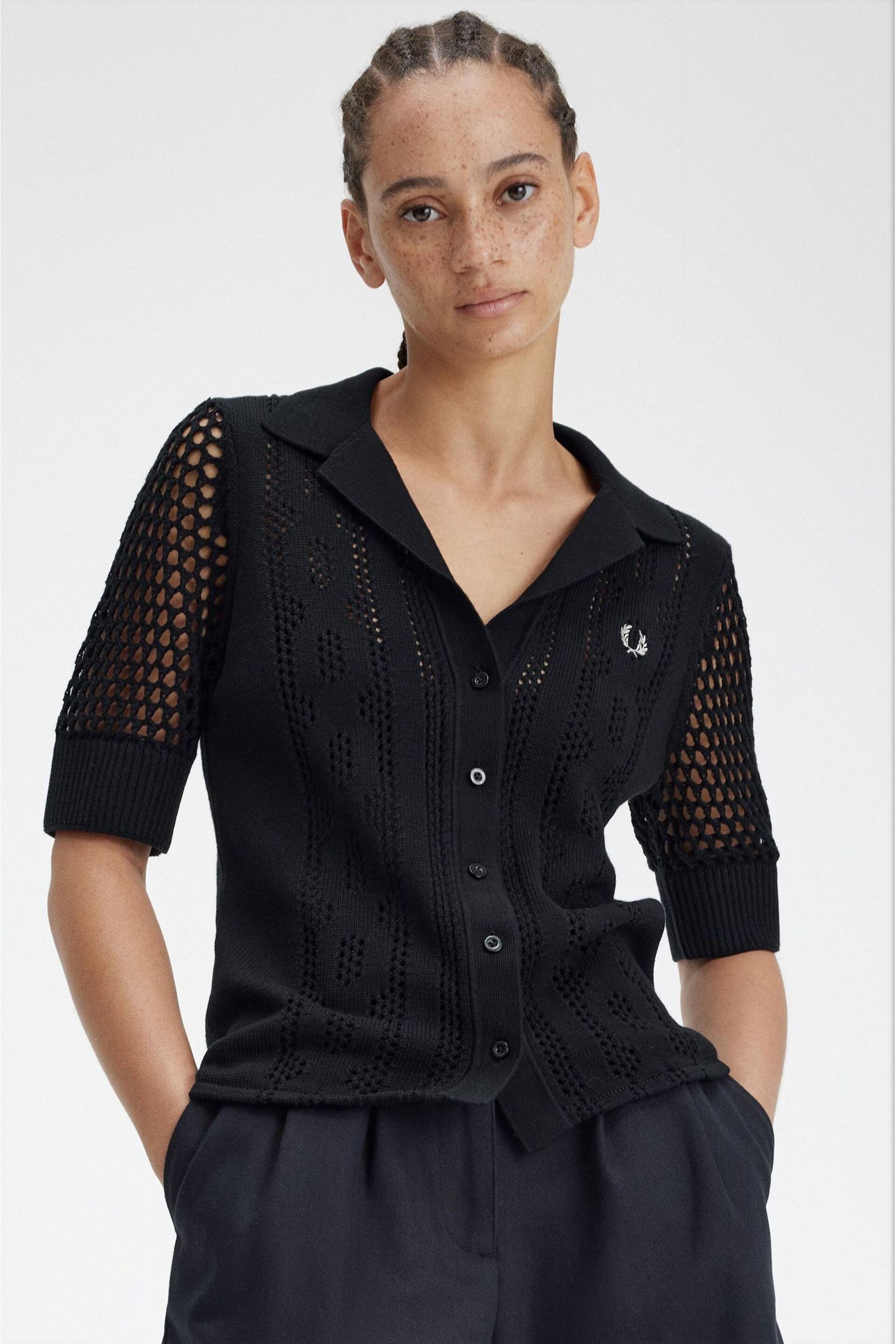 Fred Perry Open Knit Button Through Black Shirt - Image 1 of 5