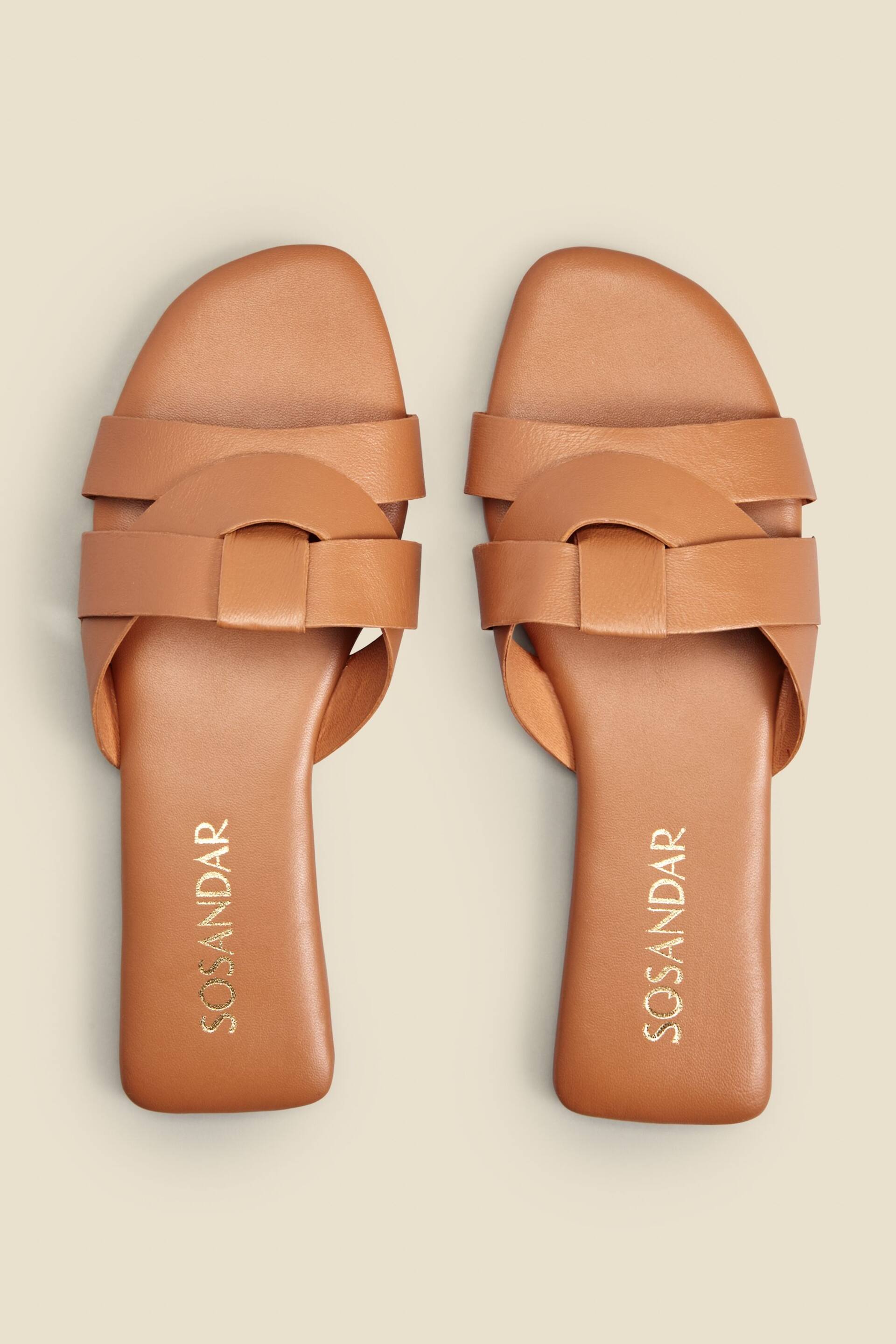 Sosandar Brown Cross Strap Flat Leather Mule Sandals - Image 2 of 3