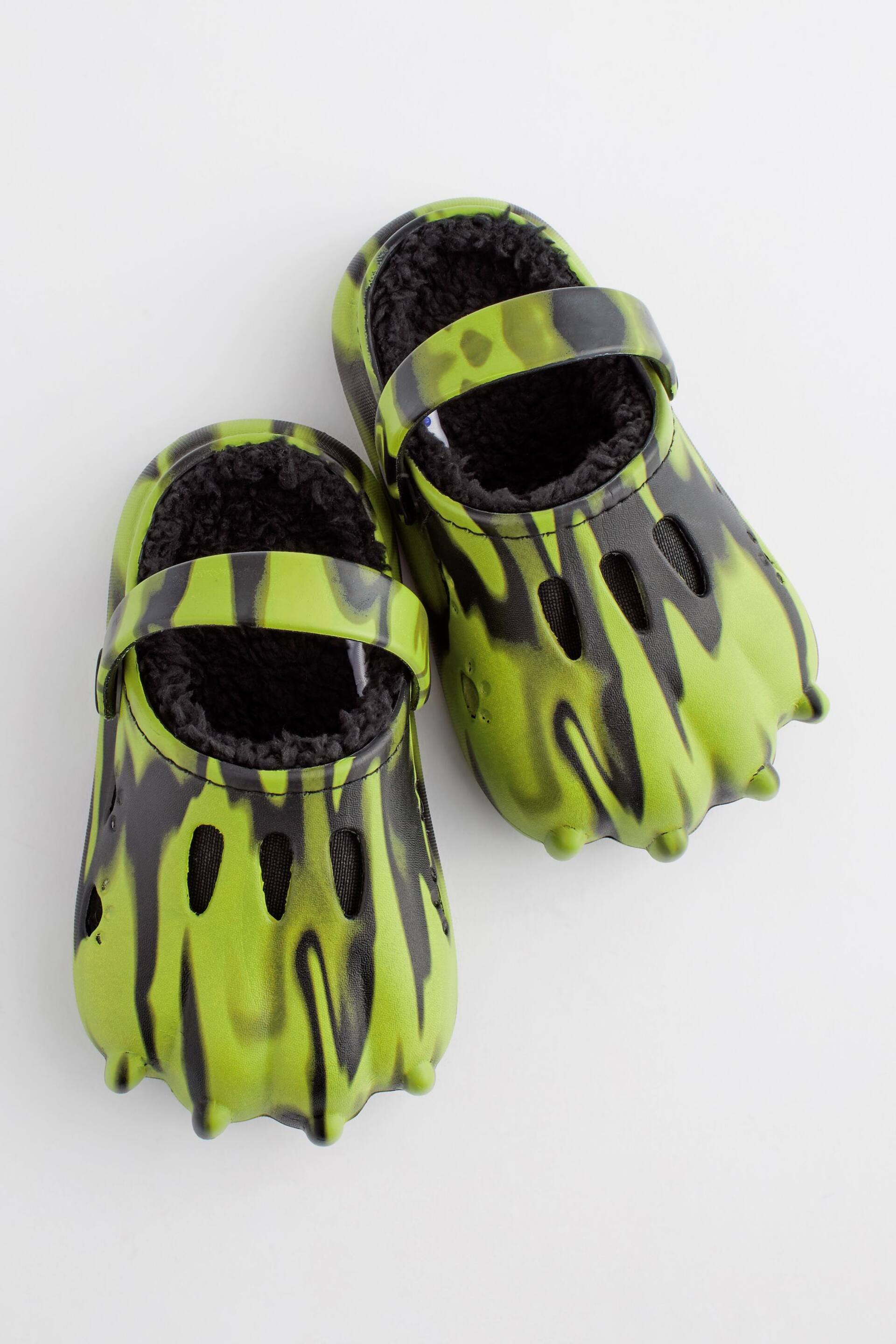 Black/Green Faux Fur Lined Claw Clog Slippers - Image 3 of 6