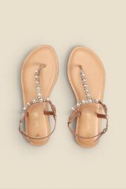 Sosandar Gold Rhinestone Trim Toe Post Leather Flat Sandals - Image 2 of 3