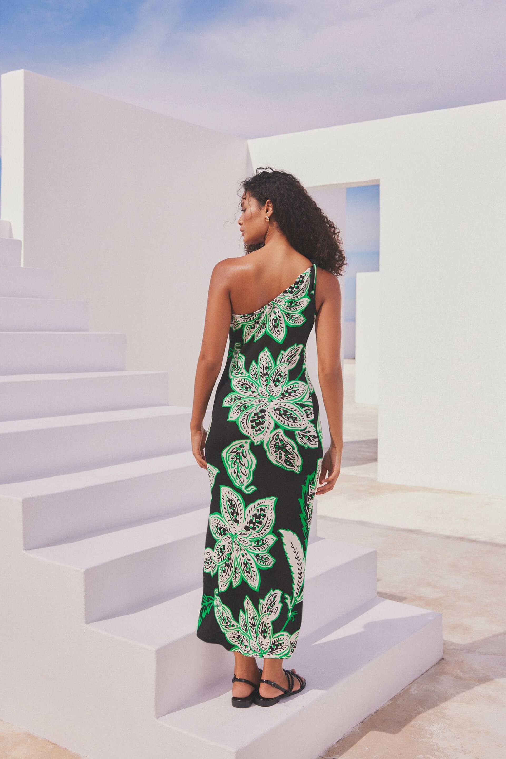 Black/Green Floral One Shoulder Twist Summer Dress - Image 3 of 8