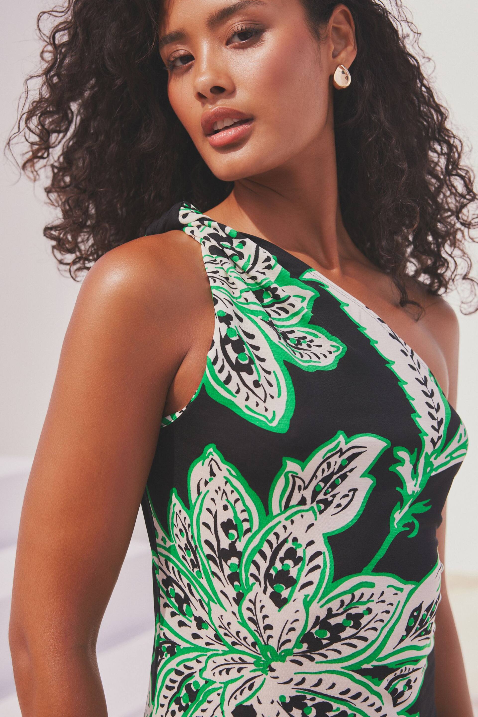 Black/Green Floral One Shoulder Twist Summer Dress - Image 5 of 8