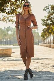 Sosandar Brown Faux Leather Popper Front Pencil Dress With Pockets - Image 1 of 4