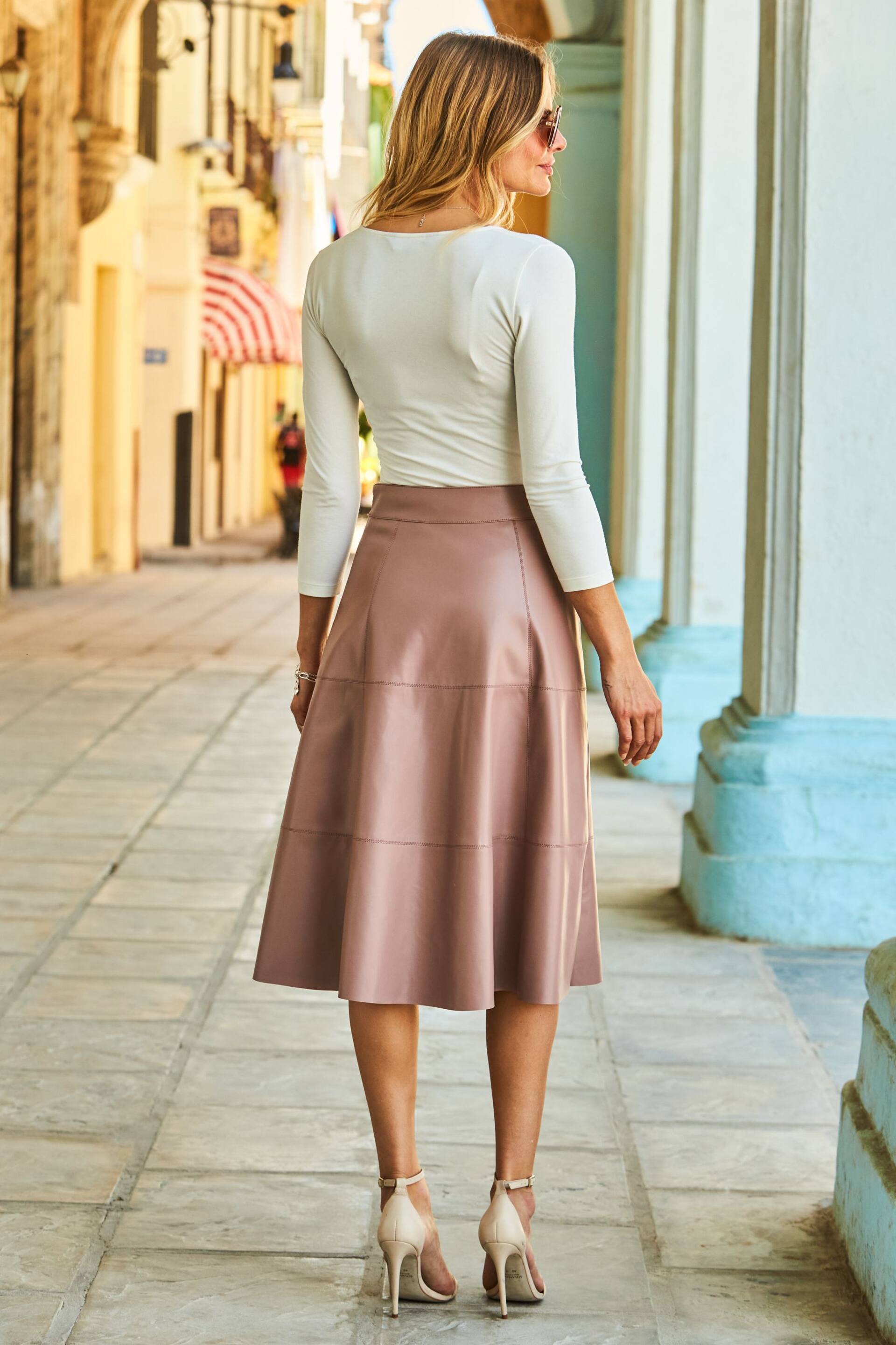 Sosandar Pink Leather Look Panelled A Line Midi Skirt - Image 3 of 3