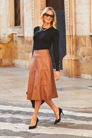 Sosandar Brown Leather Look Panelled A Line Midi Skirt - Image 3 of 3