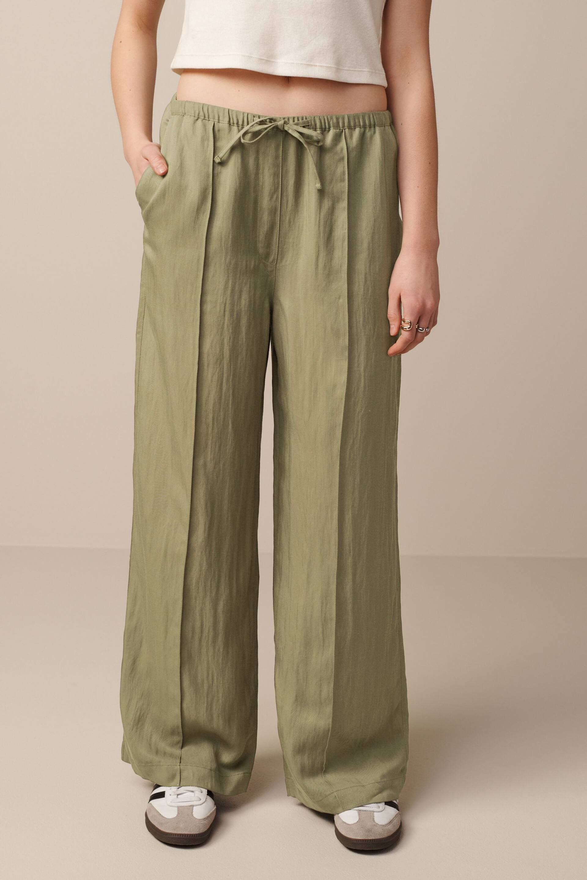 Khaki Green Drawstring Tencel Wide Leg Trousers - Image 2 of 7