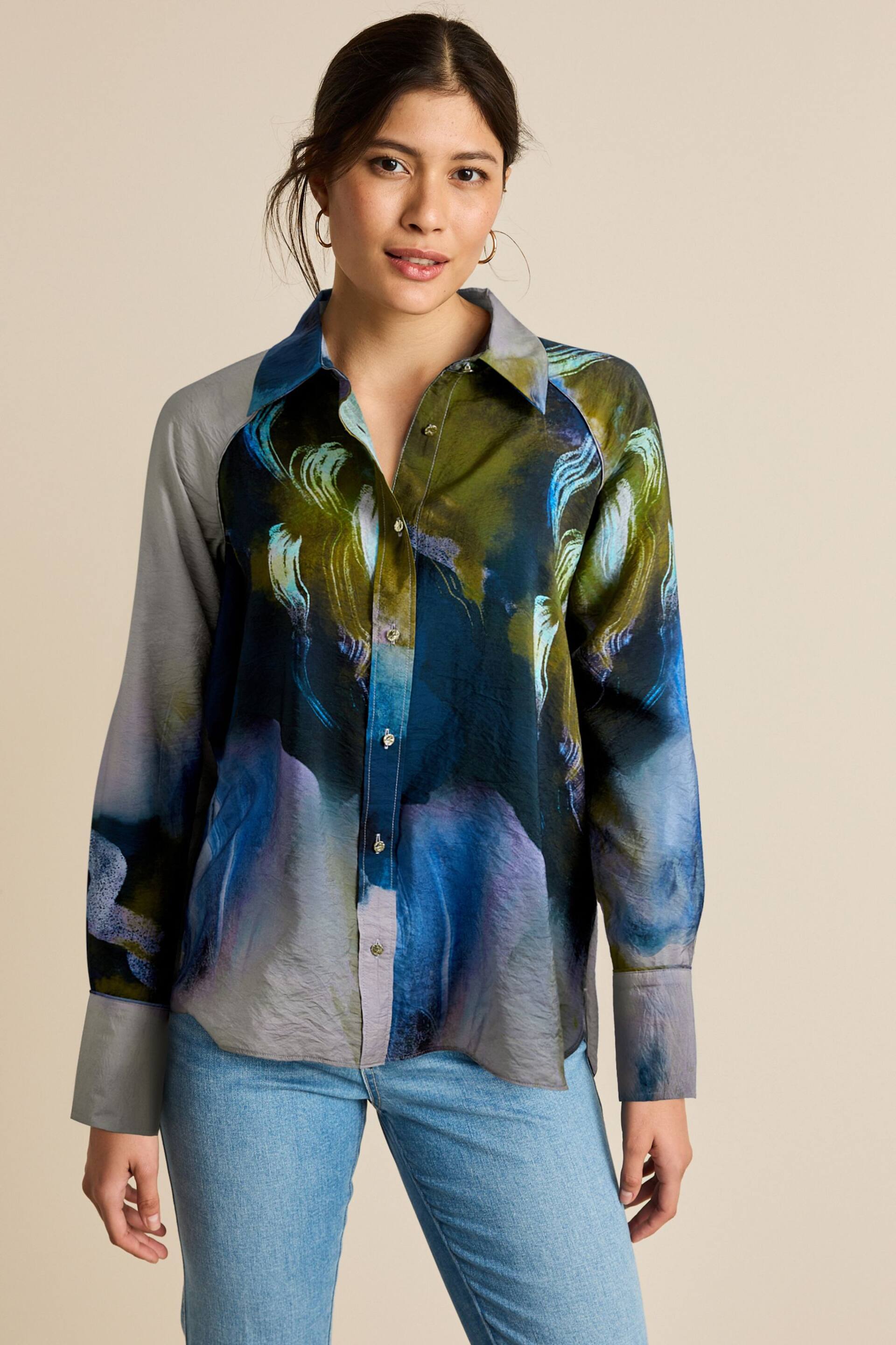 Blue Smudge Blur Print Button Through Shirt With Hardwear Buttons - Image 1 of 5