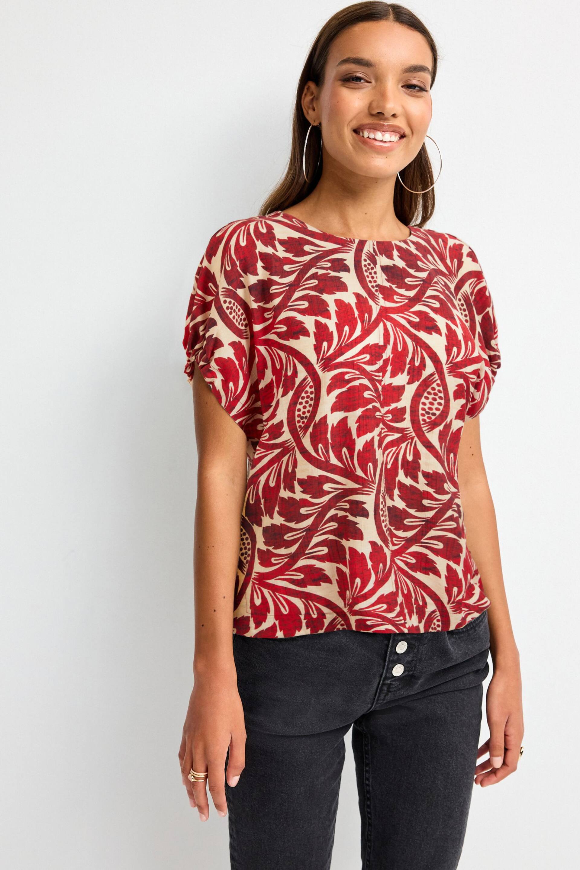 Red/Ecru Leaf Print Gathered Short Sleeve Textured Boxy T-Shirt - Image 1 of 6