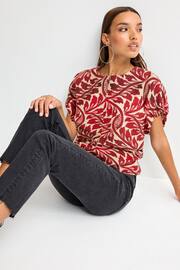 Red/Ecru Leaf Print Gathered Short Sleeve Textured Boxy T-Shirt - Image 2 of 6