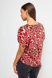 Red/Ecru Leaf Print Gathered Short Sleeve Textured Boxy T-Shirt - Image 3 of 6