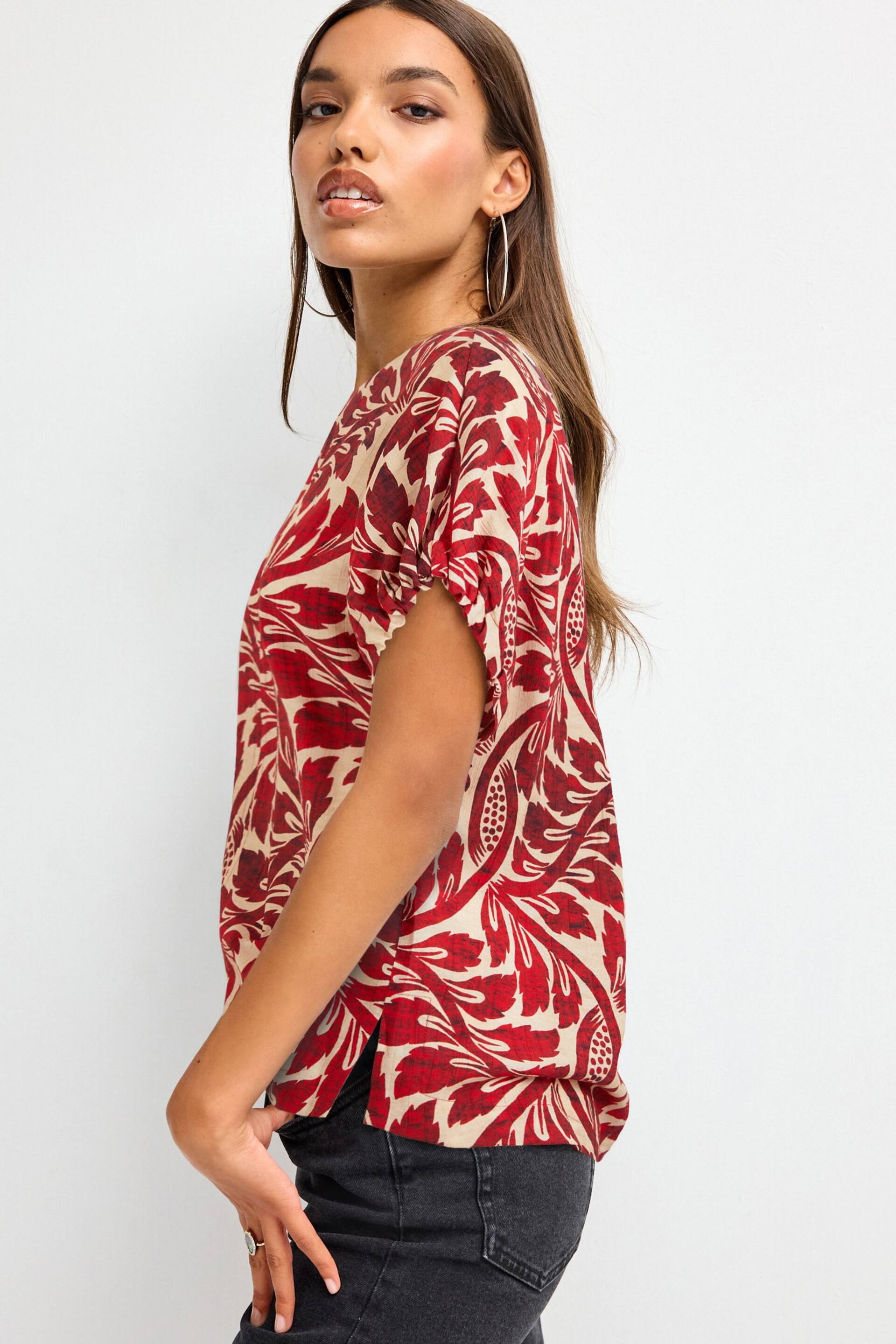 Red/Ecru Leaf Print Gathered Short Sleeve Textured Boxy T-Shirt - Image 4 of 6