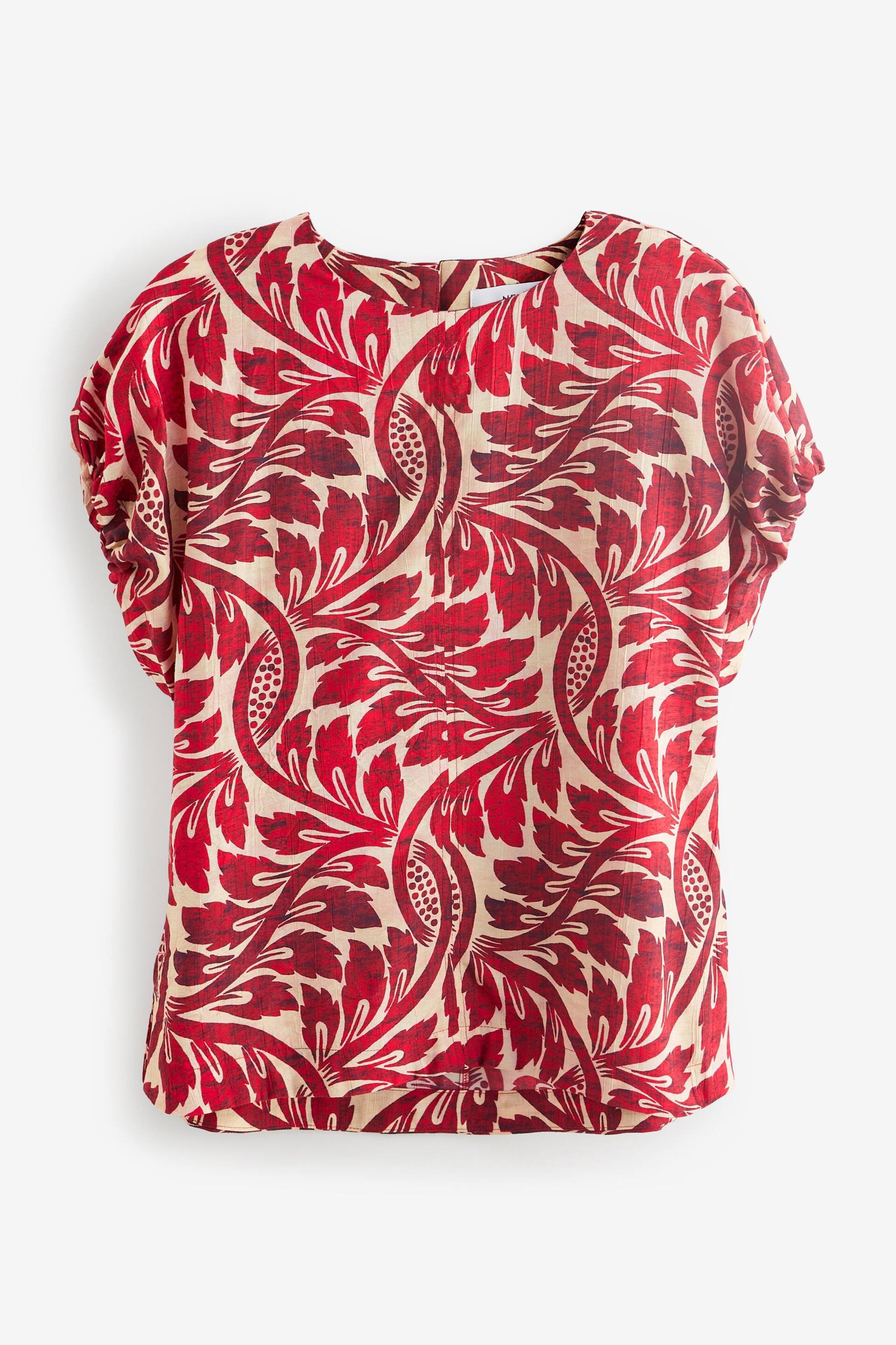 Red/Ecru Leaf Print Gathered Short Sleeve Textured Boxy T-Shirt - Image 5 of 6
