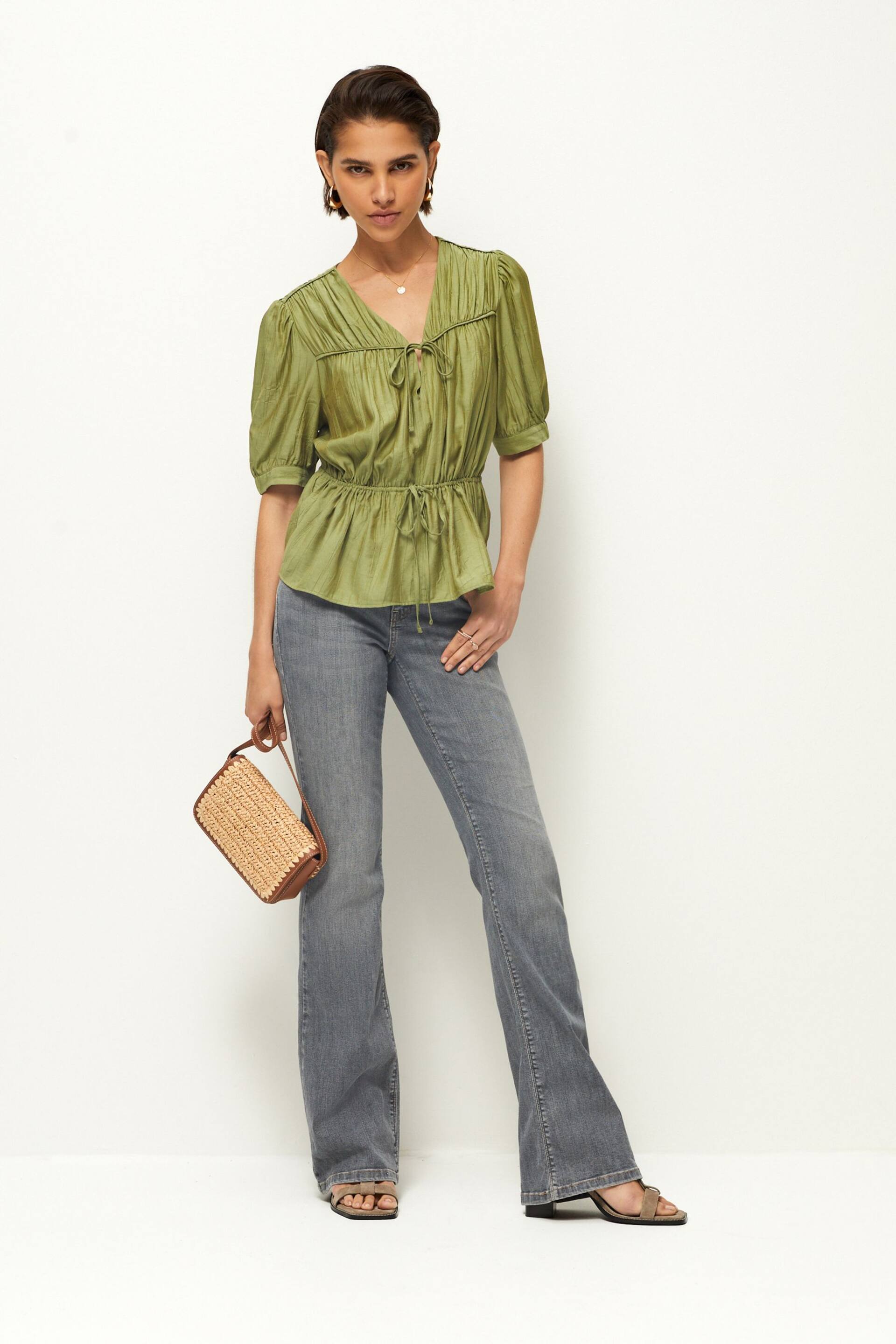 Green Tie Front Tiered Textured Short Sleeve Blouse - Image 2 of 6