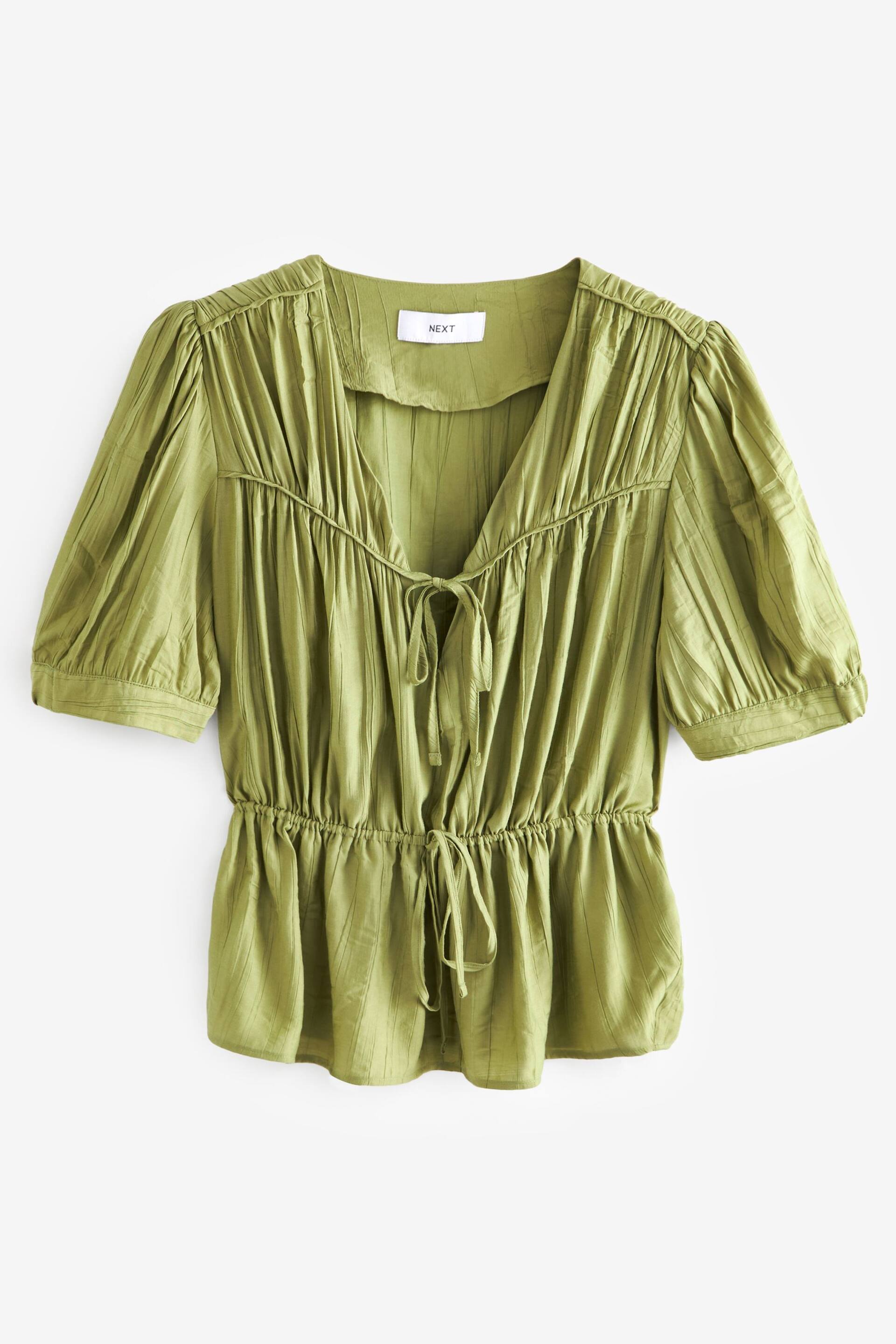 Green Tie Front Tiered Textured Short Sleeve Blouse - Image 5 of 6