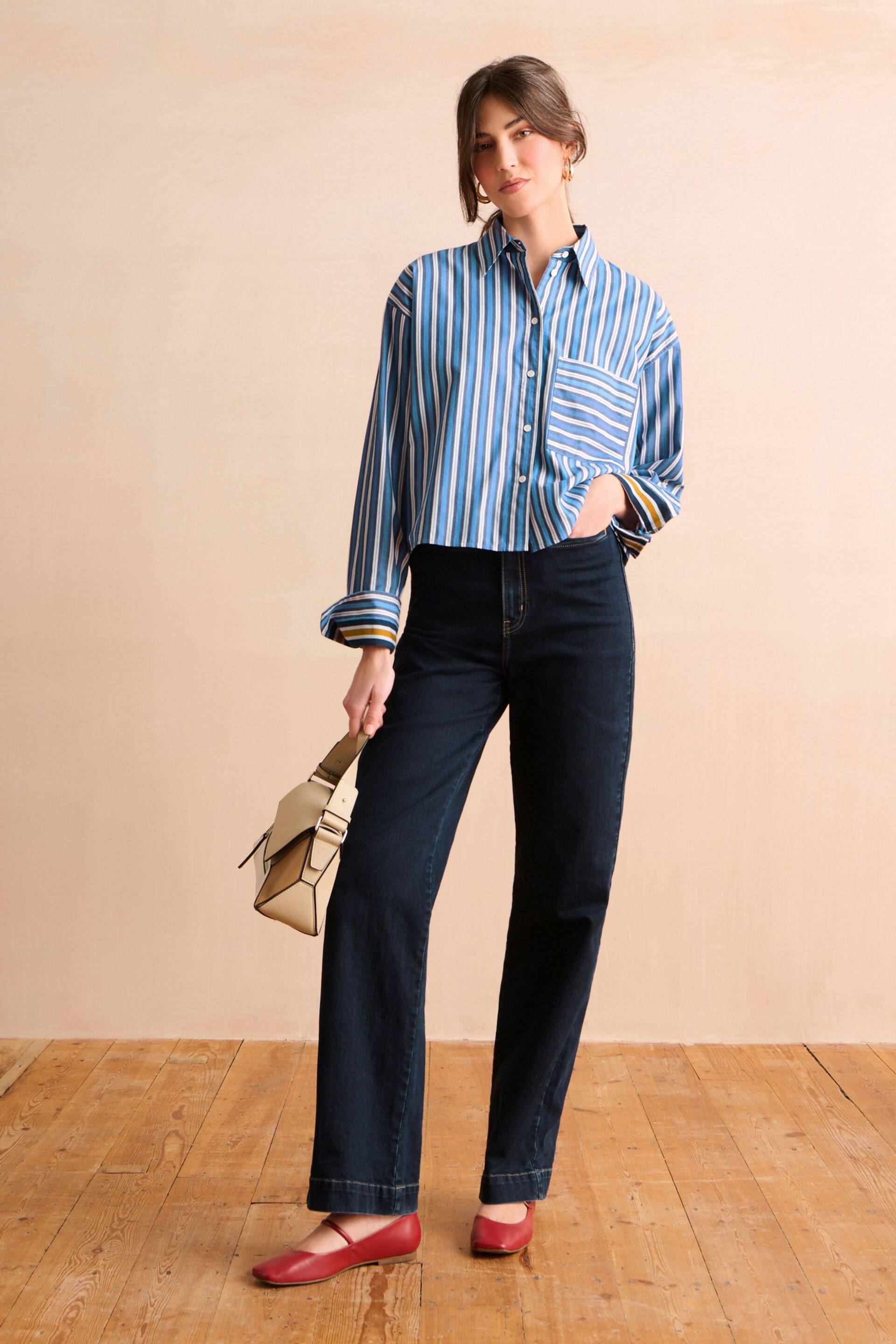 Blue/White Stripe Long Sleeve Cotton Cropped Shirt - Image 2 of 7