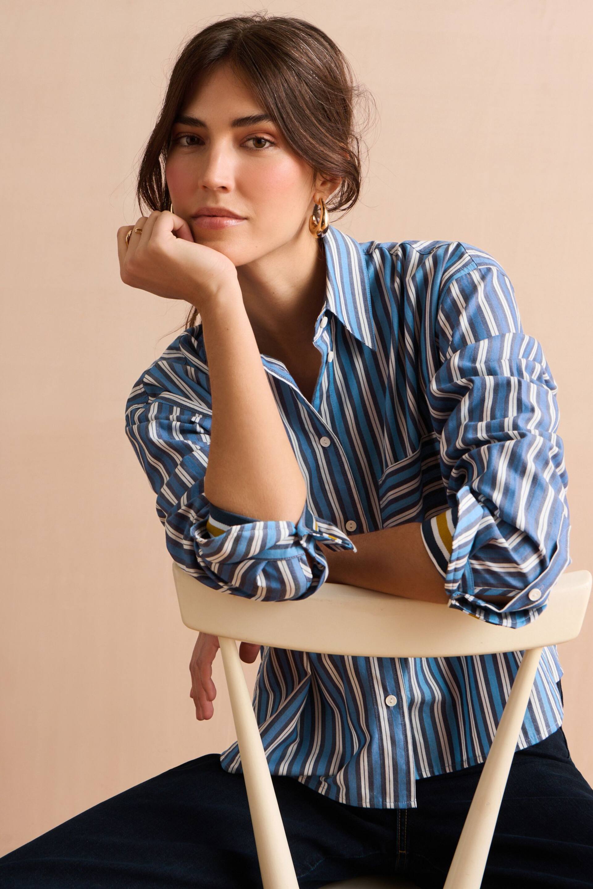 Blue/White Stripe Long Sleeve Cotton Cropped Shirt - Image 3 of 7