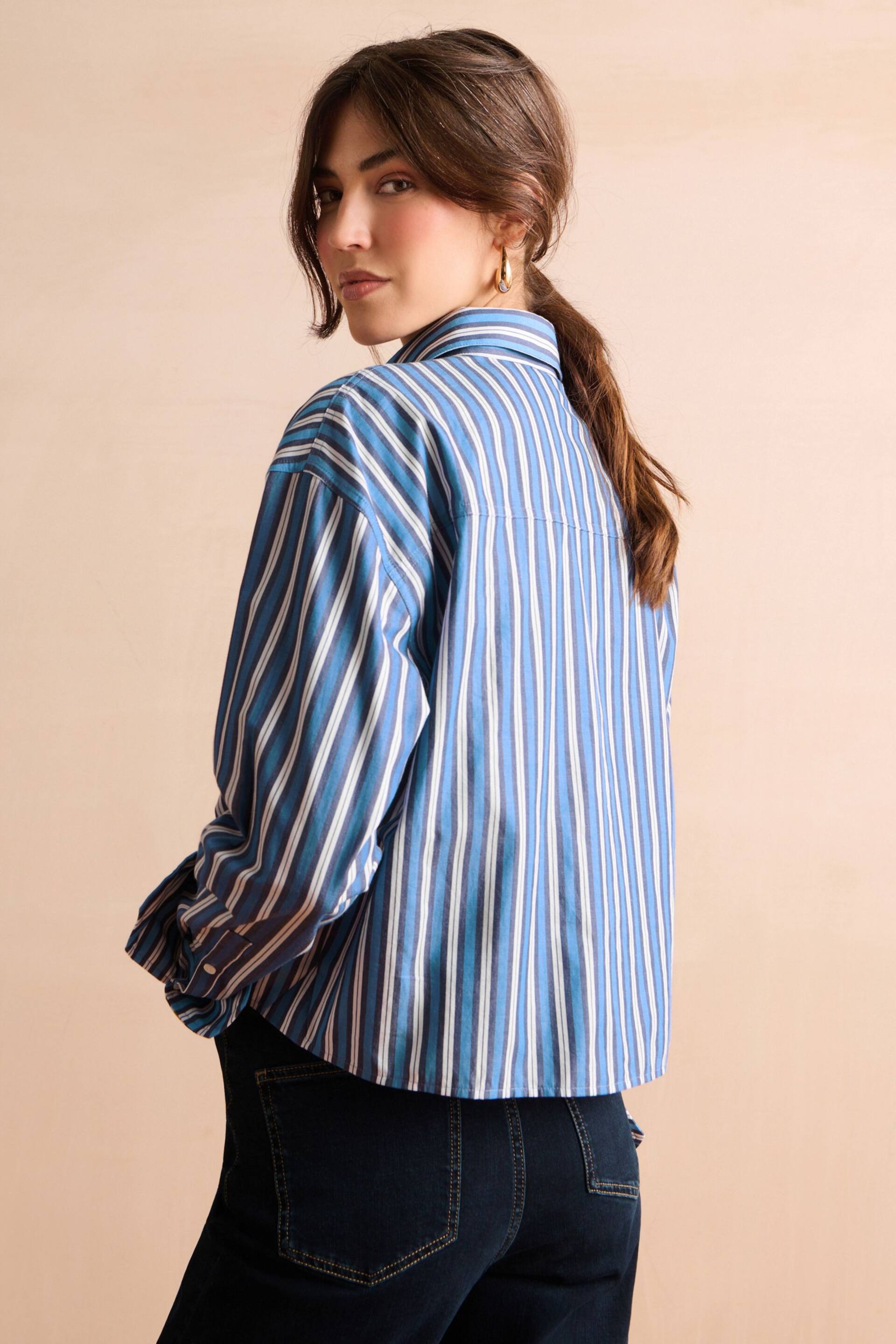 Blue/White Stripe Long Sleeve Cotton Cropped Shirt - Image 4 of 7