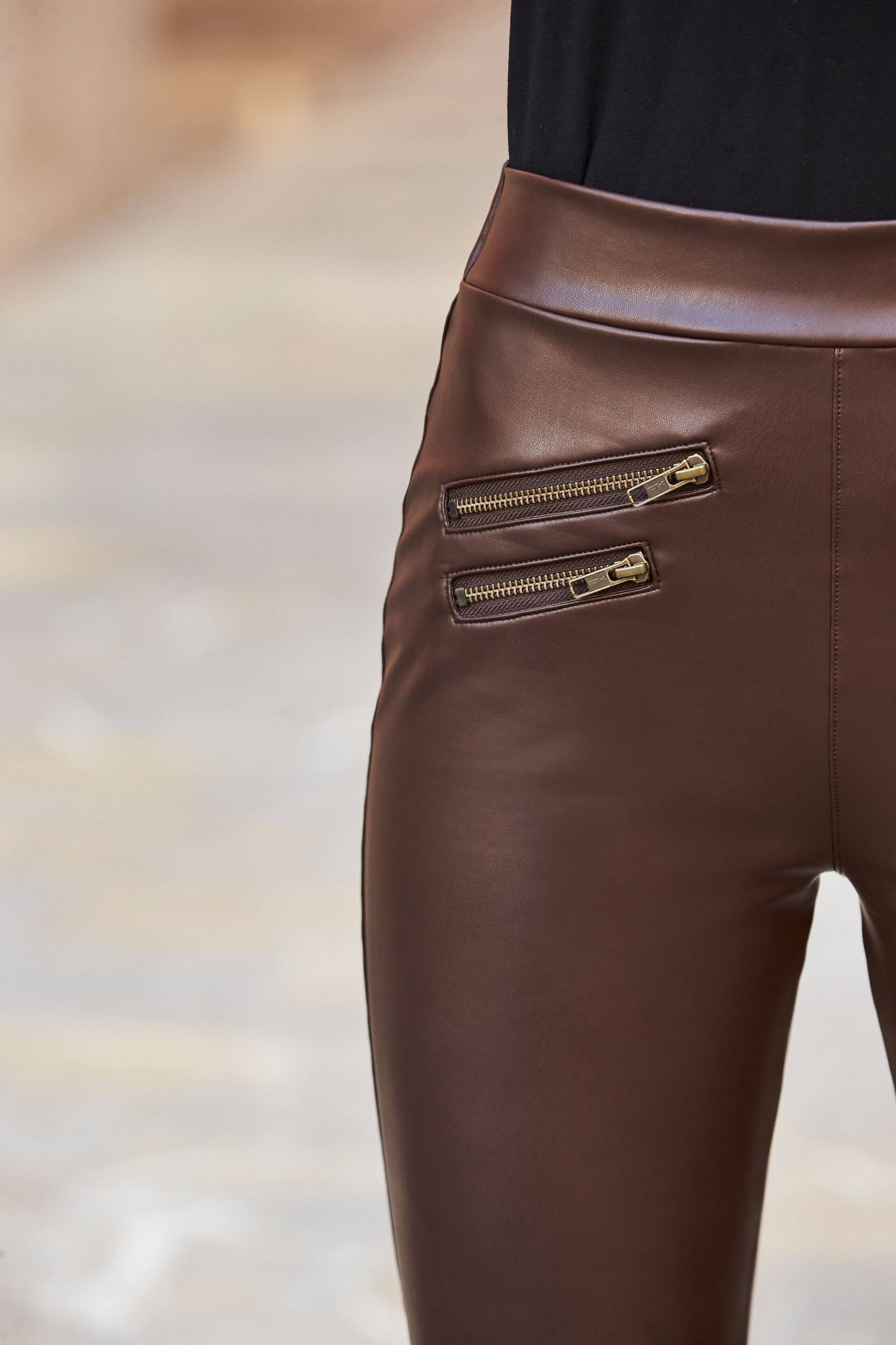 Sosandar Brown/Cream Tall Leather Look Premium Leggings - Image 5 of 5