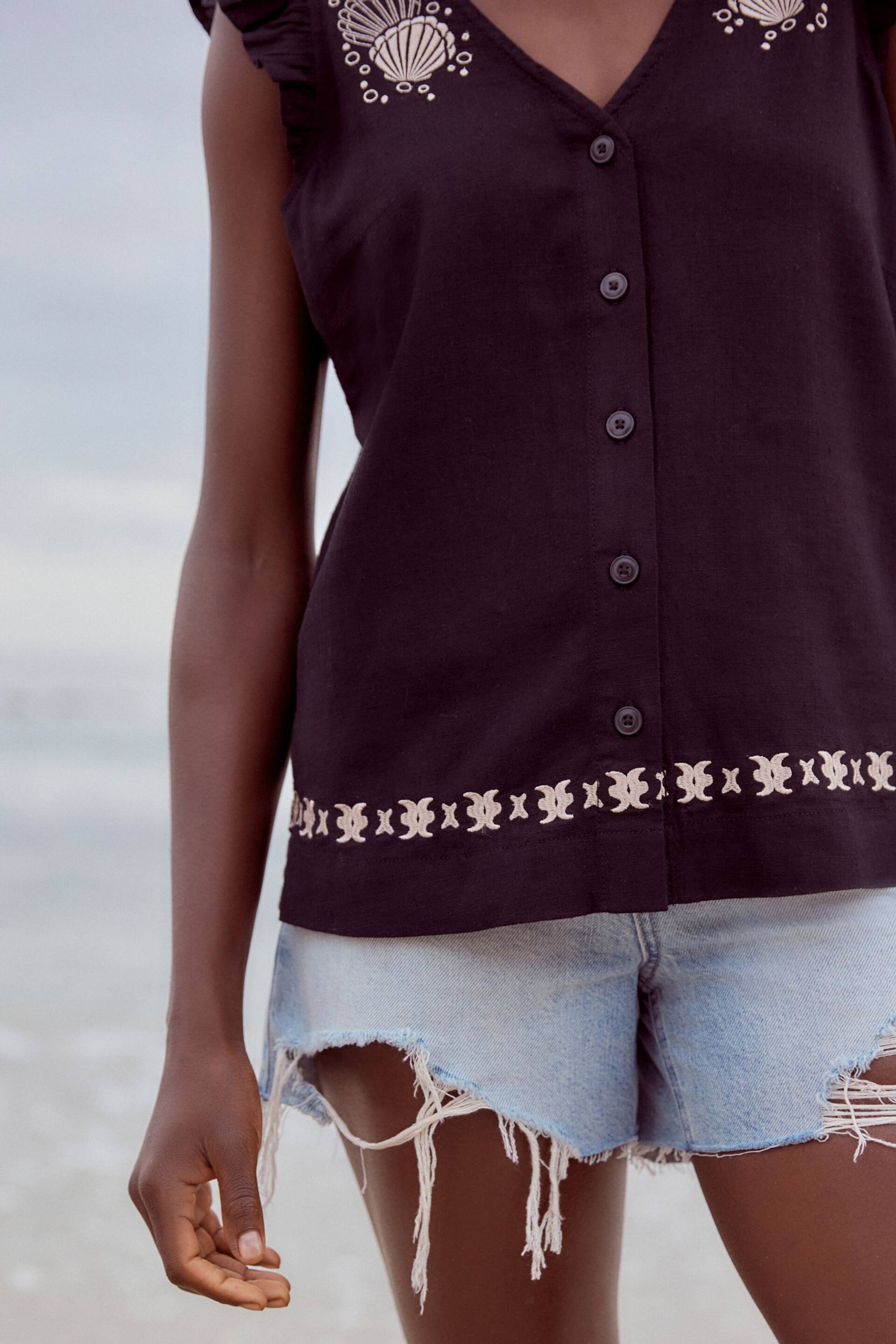 Black Embroidery Linen Blend Ruffle Sleeve Top - Image 4 of 6