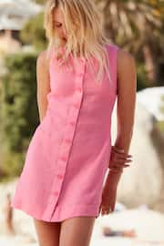 Pink Premium 100% Linen Button Down Mini Dress - Image 1 of 6