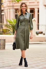 Sosandar Green Faux Leather Popper Front Shirt Dress - Image 1 of 4