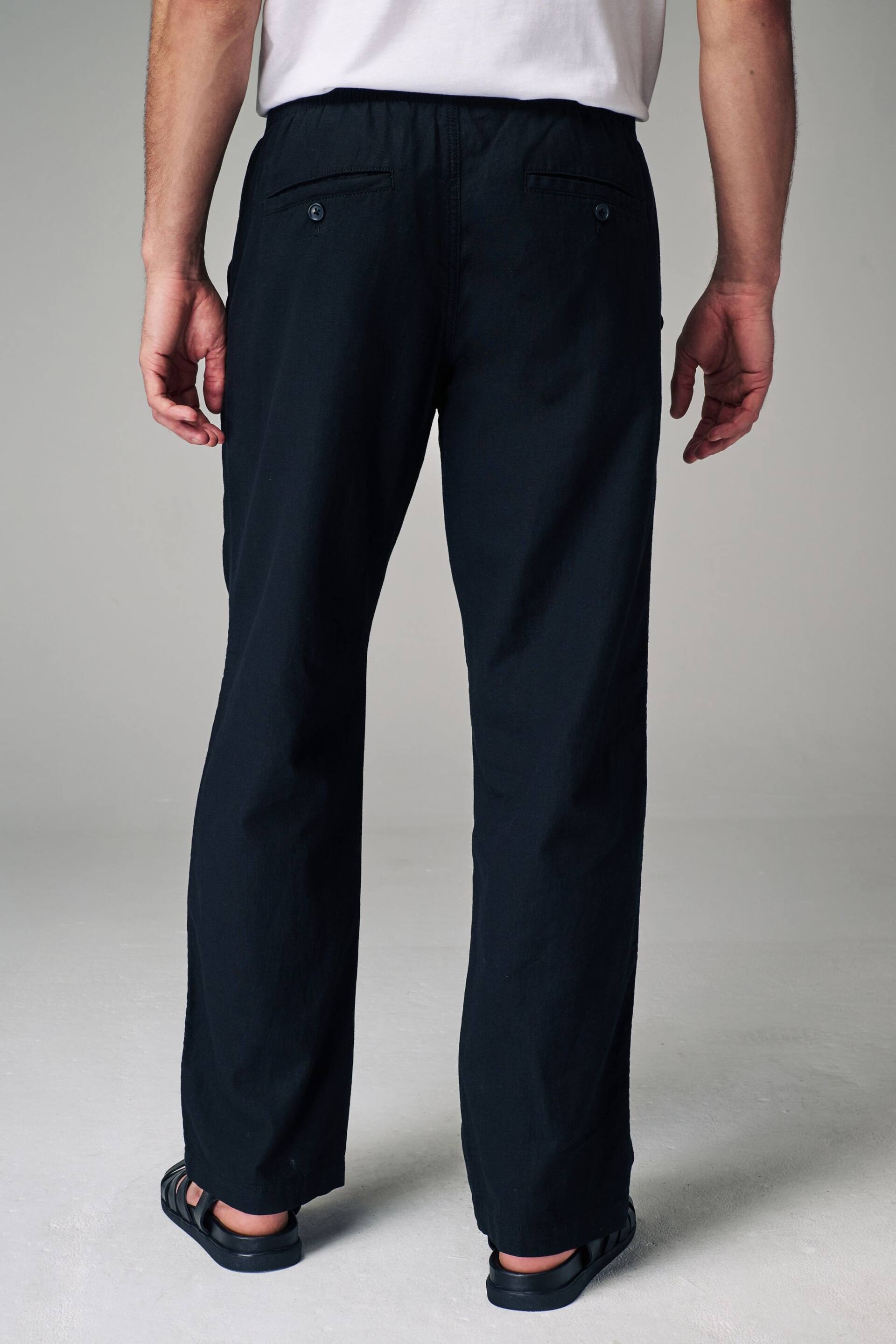 Black Relaxed Fit Linen Cotton Elasticated Drawstring Trousers - Image 4 of 10