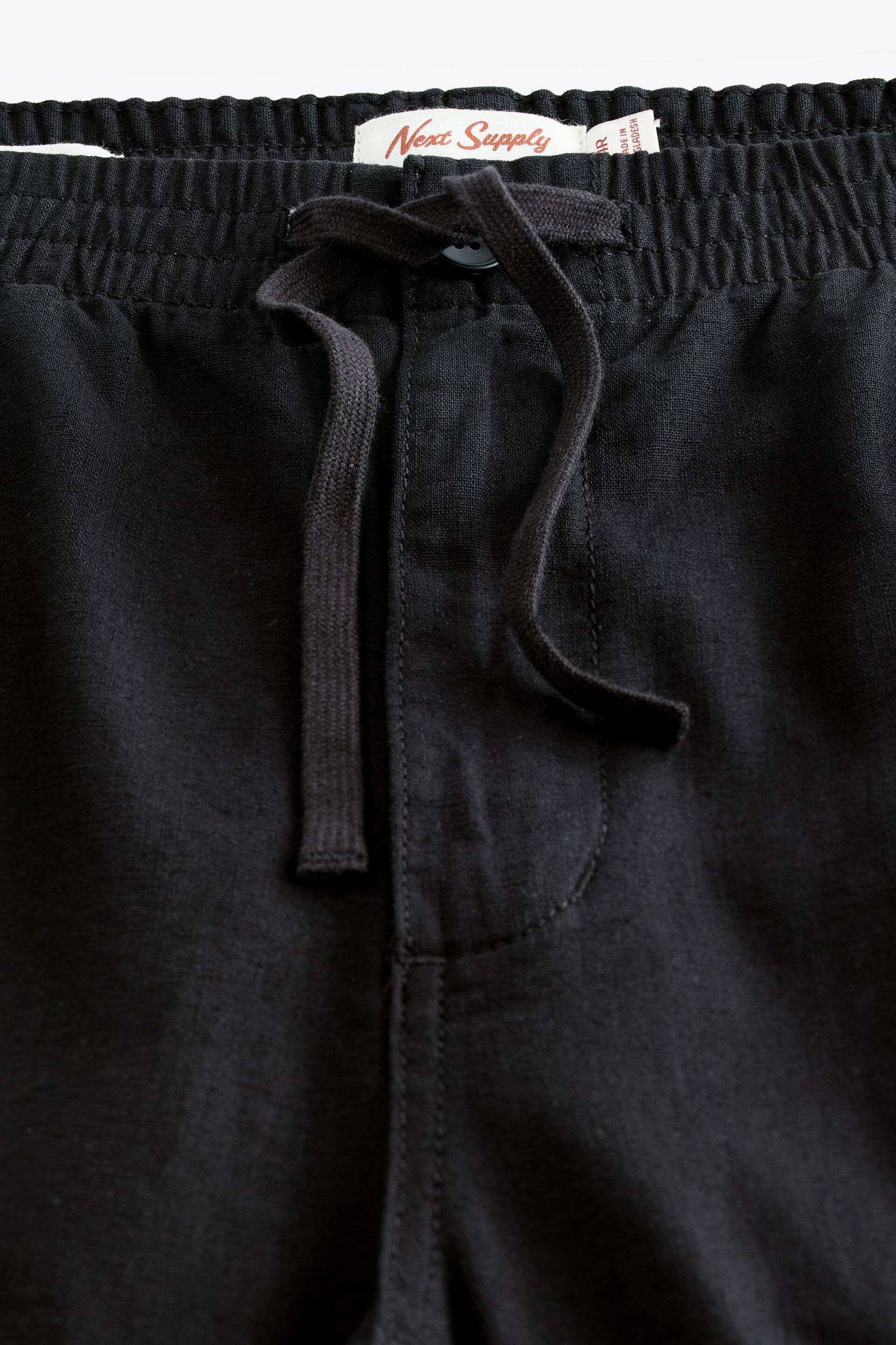 Black Relaxed Fit Linen Cotton Elasticated Drawstring Trousers - Image 7 of 10
