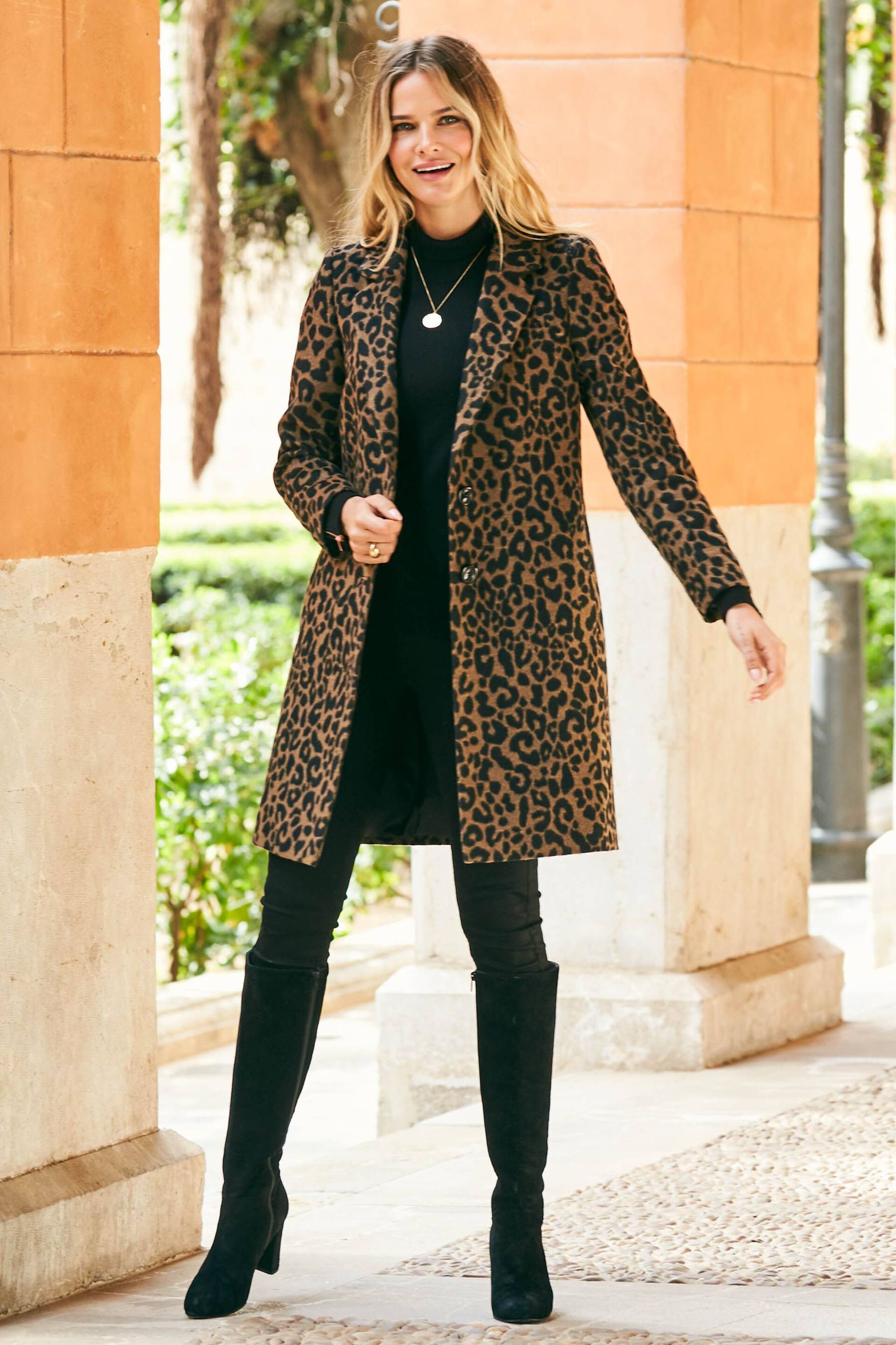 Sosandar Black/Brown Leopard Print Wool Mix Coat - Image 5 of 5