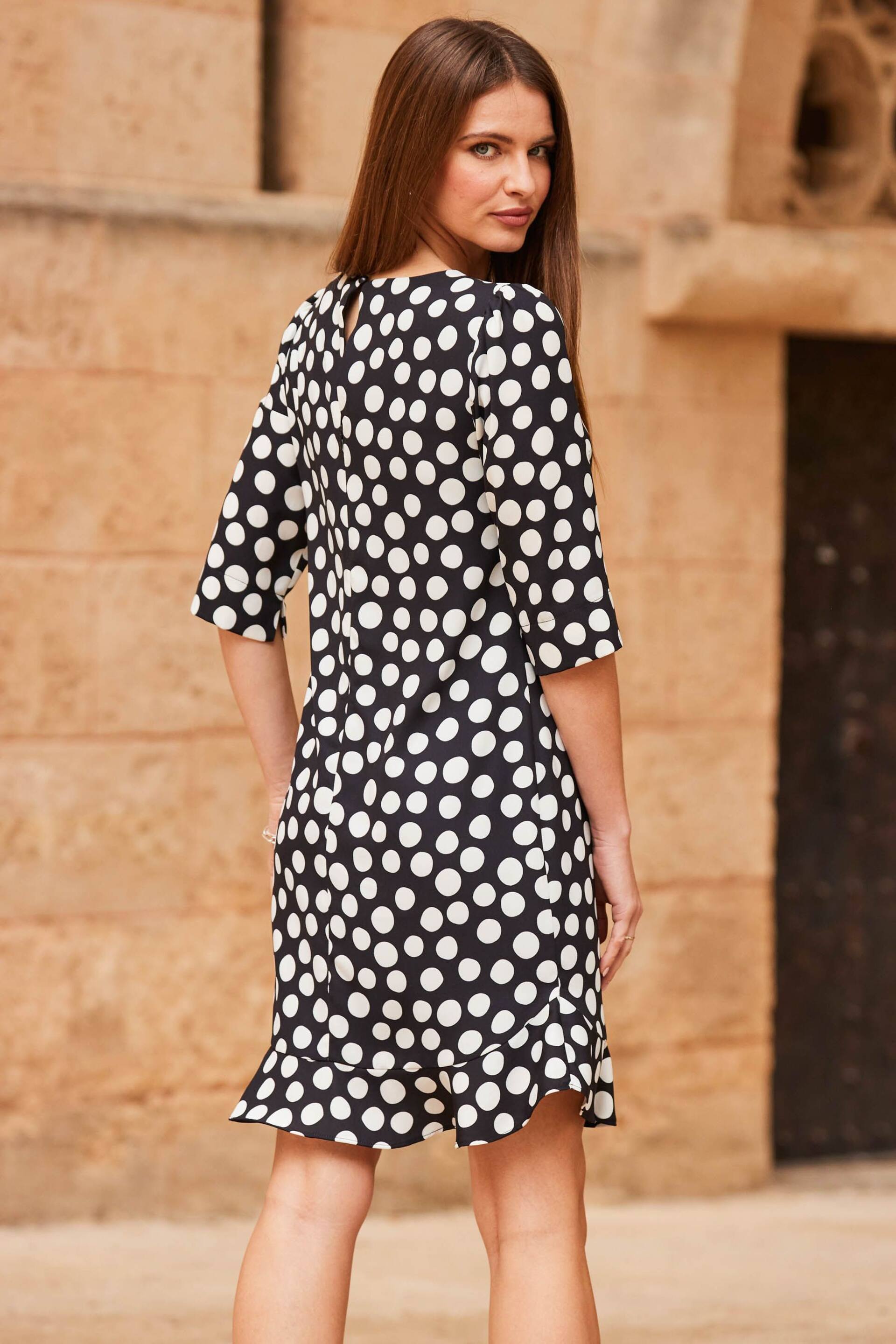 Sosandar Black Spot Print Ruffle Hem Shift Dress - Image 2 of 3