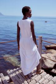 White Sleeveless Crew Neck Tiered Summer Maxi Jersey Dress - Image 2 of 6