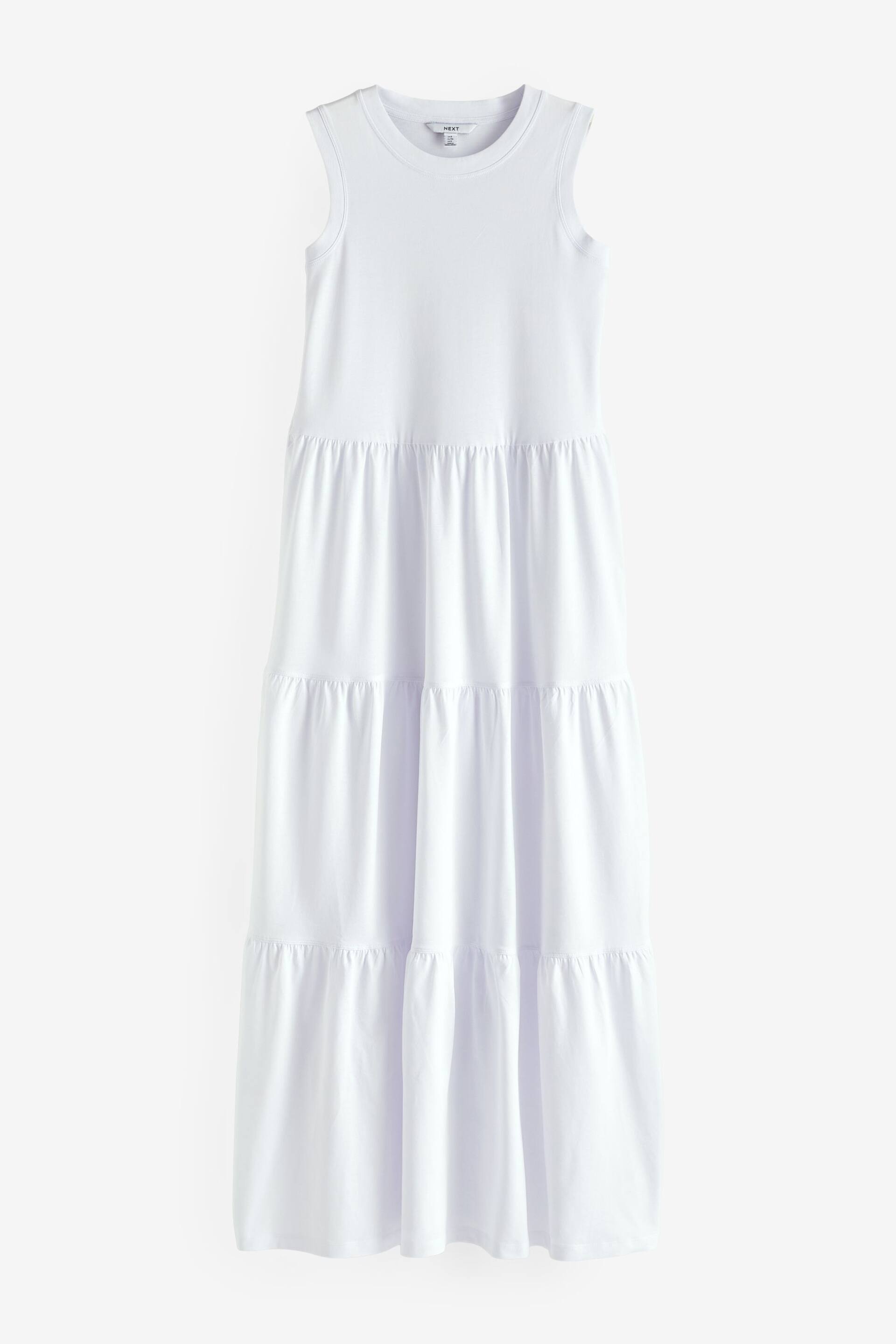White Sleeveless Crew Neck Tiered Summer Maxi Jersey Dress - Image 5 of 6