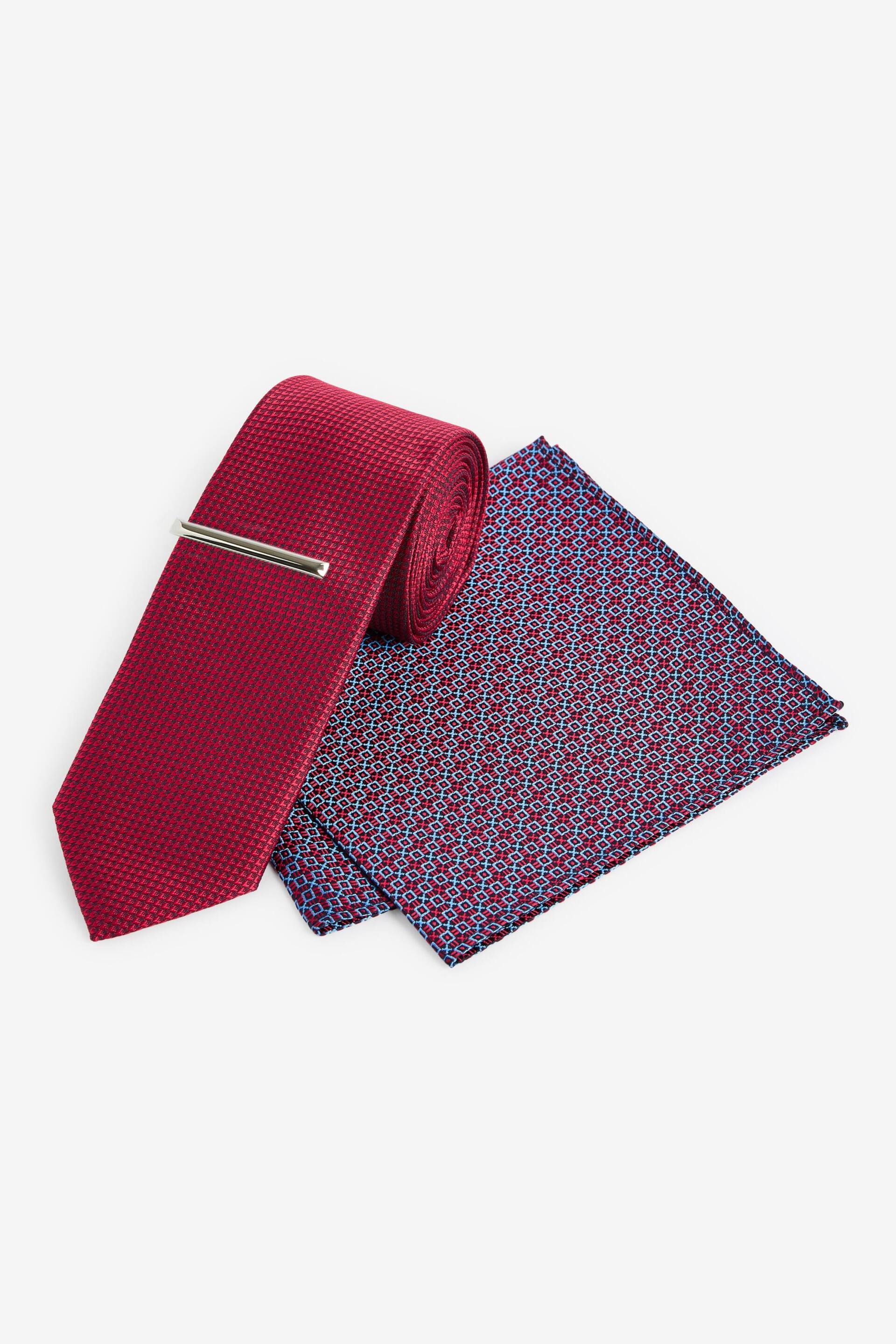 Red Geometric Slim Tie And Pocket Square Set - Image 1 of 4