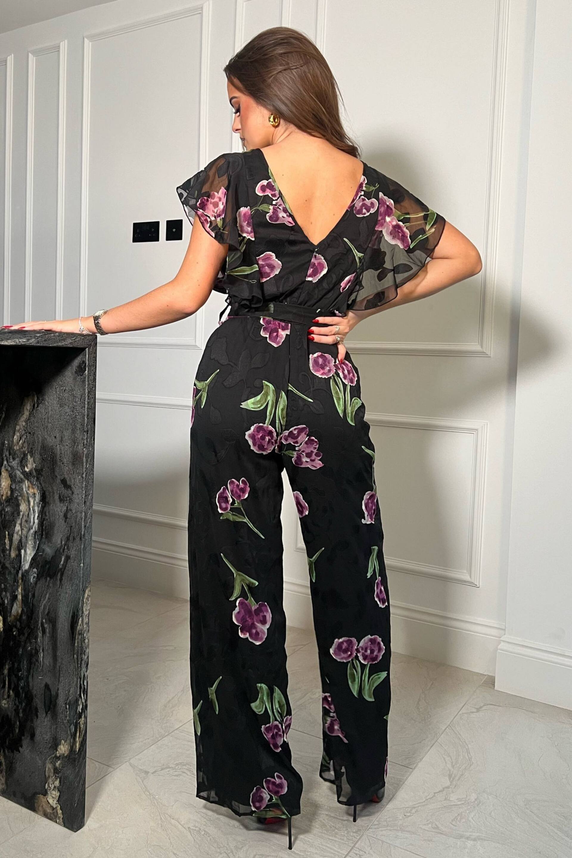 Girl In Mind Black Purple Floral Tamara Frilled Jumpsuit - Image 2 of 4