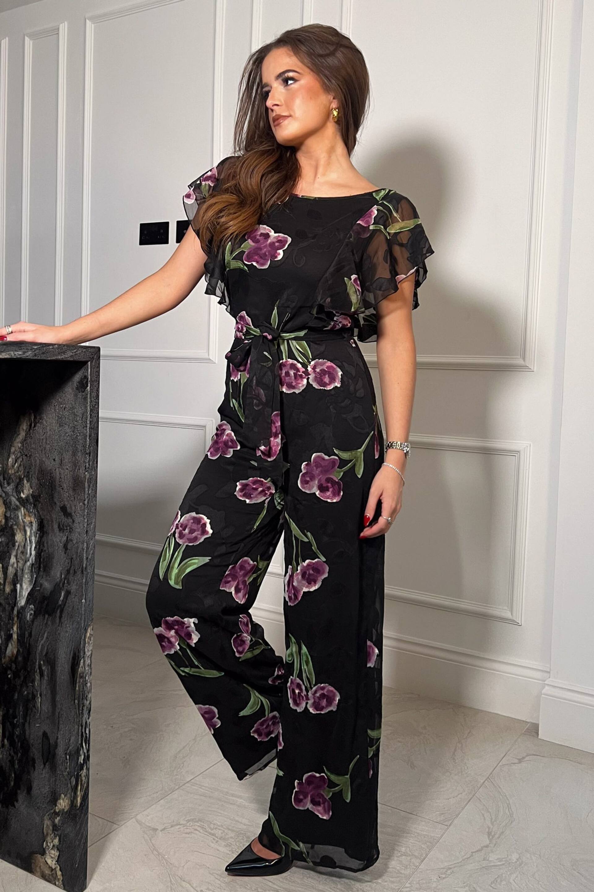 Girl In Mind Black Purple Floral Tamara Frilled Jumpsuit - Image 3 of 4