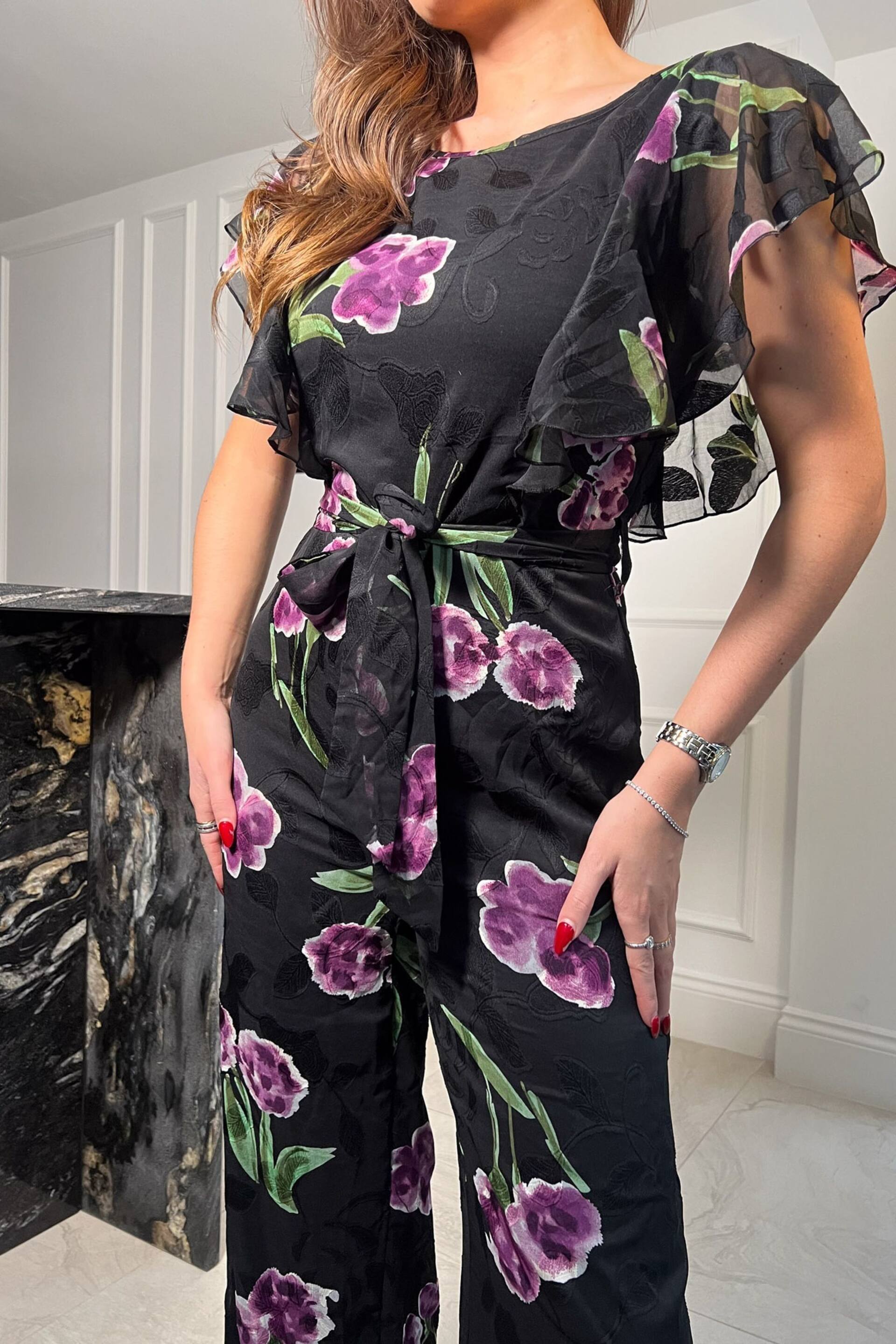 Girl In Mind Black Purple Floral Tamara Frilled Jumpsuit - Image 4 of 4