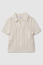 Reiss Ecru Eula Teen Crochet Open Collar Polo Shirt - Image 1 of 4